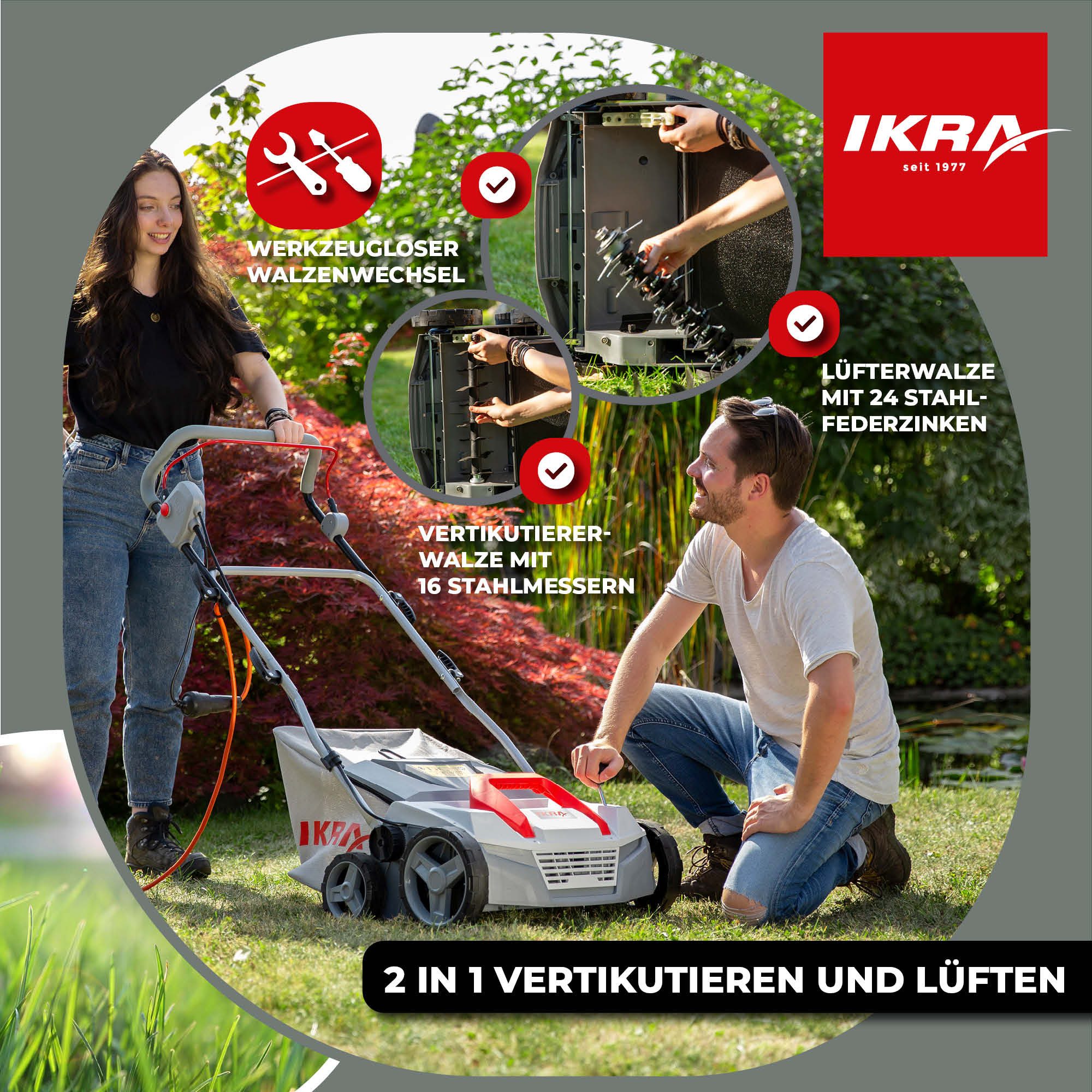ikra GmbH Elektro-Vertikutierer IEVL 1838, 38 cm Arbeitsbreite, (inkl. Walzen & Fangkorb), 2in1 Gerät, 1.800 Watt, werkzeugloser Walzenwechsel – Bild 5 von 5