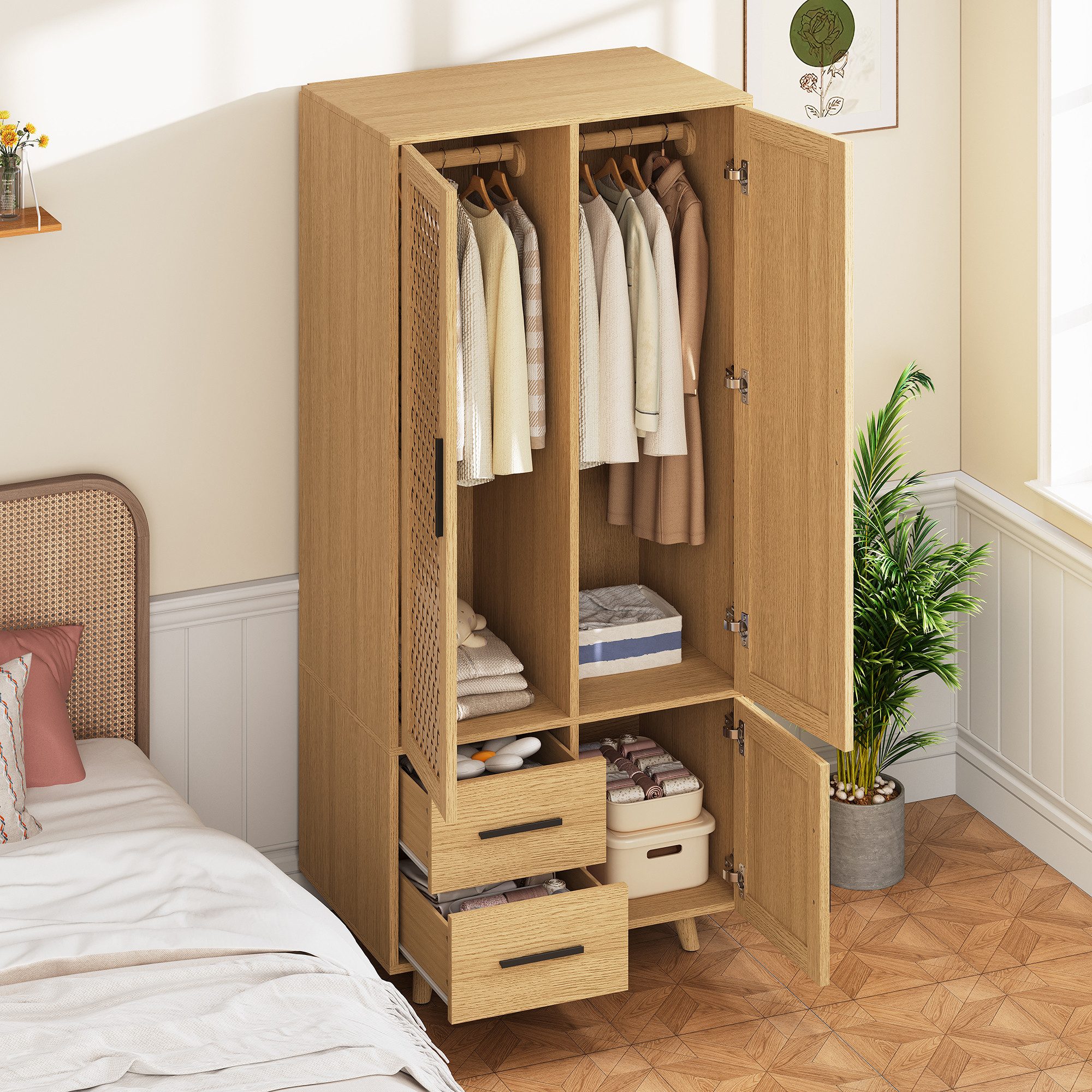 BELUPAI Kleiderschrank Landhausstil Rattan Garderobenschrank (Set, 1-St., Kleiderschrank mit 2 Schubladen und Kleiderstange) für Schlafzimmer Ankleidezimmer, Holzfarbe, 80 x 52 x 176 cm