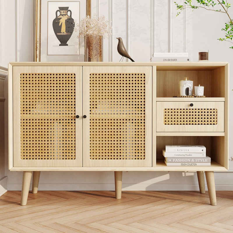 Sweiko Sideboard, mit Rattan-Magnettür, Schublade, 2 offenen Fächern, 120 x 40 x 80 cm