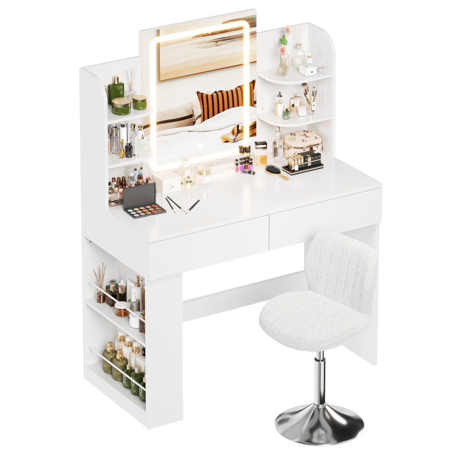 HOMALL Schminktisch Set aus Schminktisch und Hocker, mit einstellbarer Helligkeit (Maße: 90/110 × 40 × 135 cm, LED-Beleuchtung, 8 offene Fächer + 2 Schubladen, Seitenteile nach links oder rechts austauschbar, für eine bessere Raumnutzung)