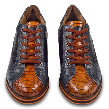 Lorenzi Herren Leder-Sneaker in blau / braun mit Reptil-Prägung Sneaker Handgefertigt in Italien