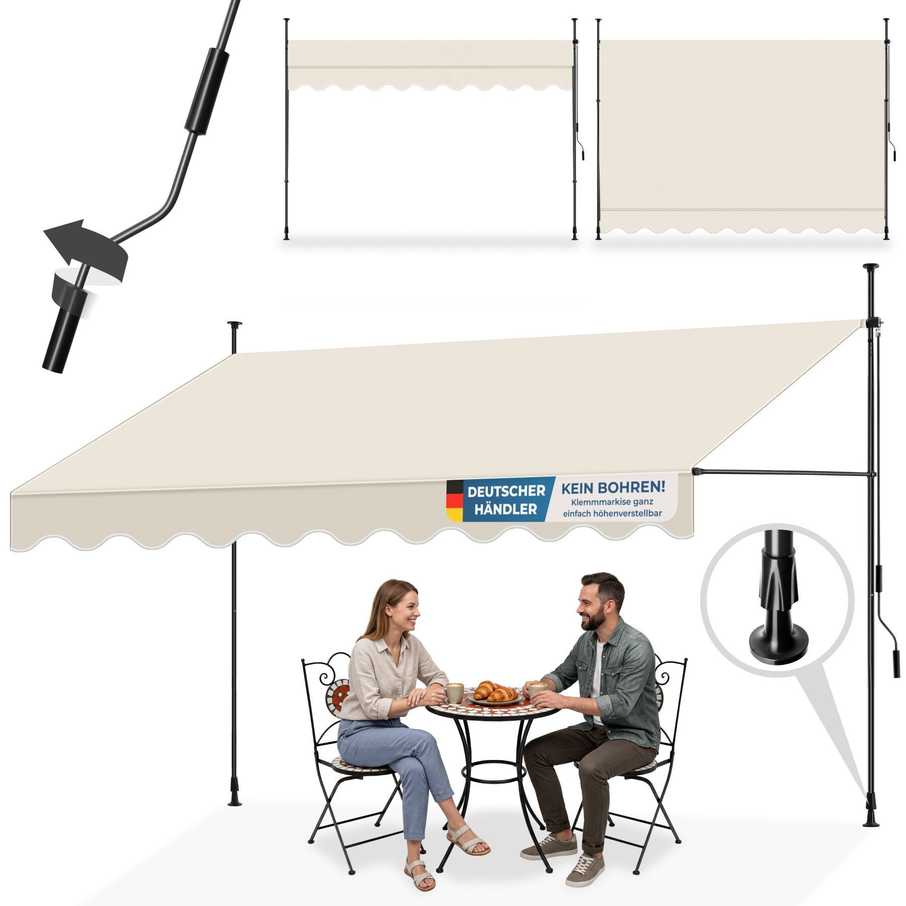 tectake Klemm-Senkrechtmarkise Klemmmarkise mit Handkurbel und bis 90° neigbar, UV-beständig (Sichtschutz/Sonnenschutz, Balkonmarkise für Terrasse und Garten, in beige mit UV-Schutz 50) 180 x 350 x 304 cm, höhenverstellbar 211 - 304 cm, wasserabweisend