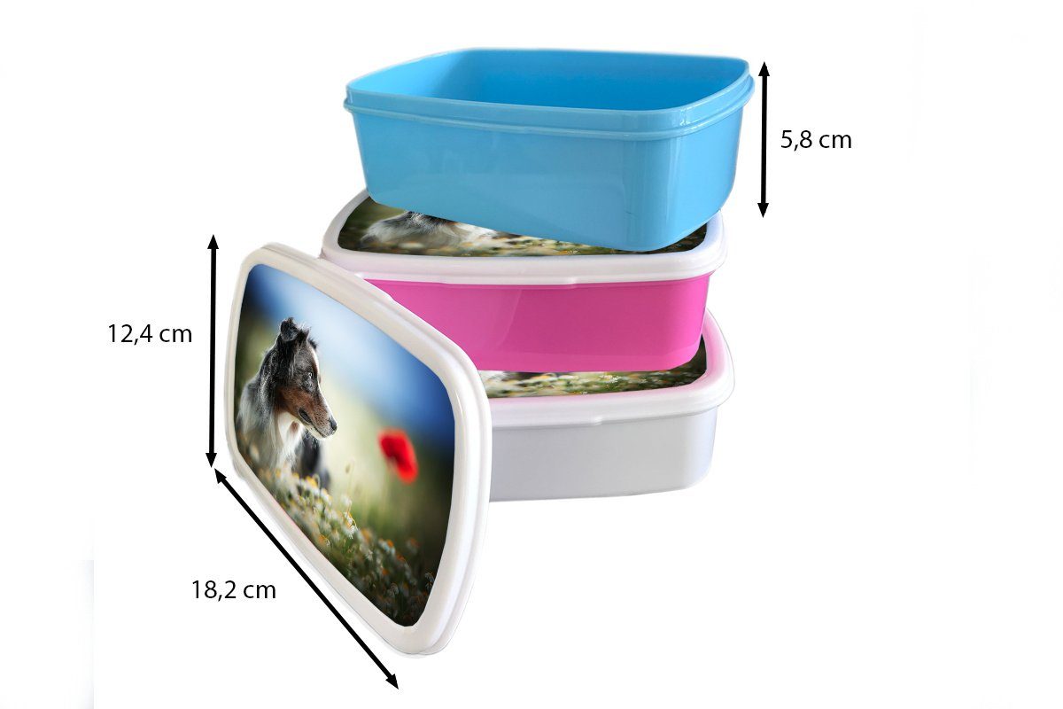 MuchoWow Lunchbox Hund - weiß - Blumen für Brotbox Erwachsene, (2-tlg), Kinder für Kunststoff, Brotdose, Farben, Mädchen und Jungs und