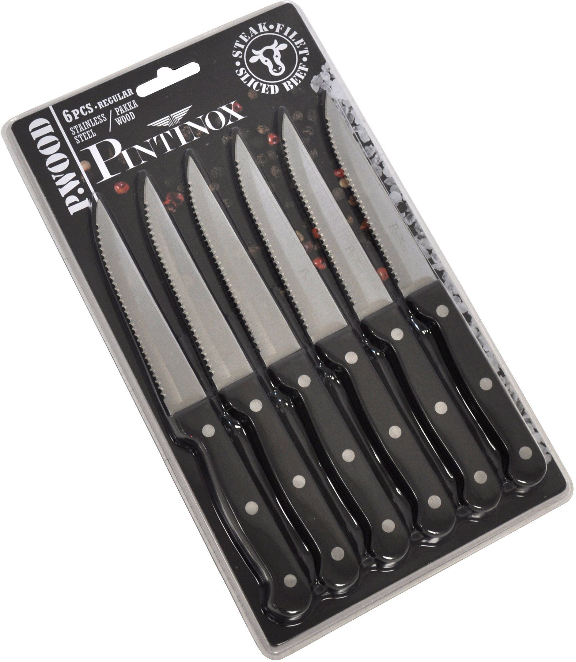 PINTINOX Steakmesser P.Wood (6 Stück), aus rostfreiem Stahl, Griff aus Pakkaholz, Klinge 11,1 cm