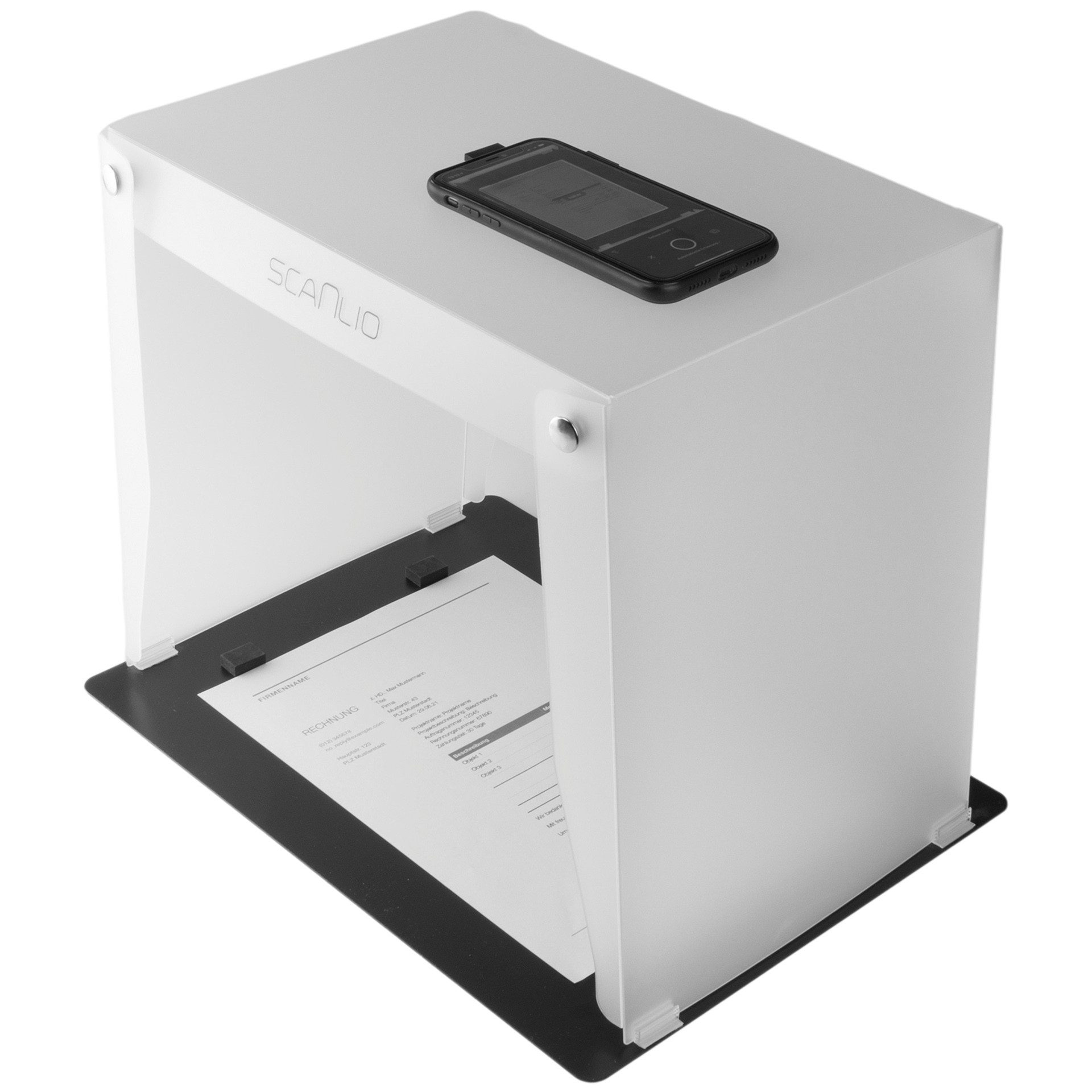 scanlio Handy-Halterung SCANLIO Pro Scanbox, Faltbare Handy Scanner Halterung, (mit Grundplatte, Abstandshalter, Anleitung, 1-tlg., Smartphone Scanbox)