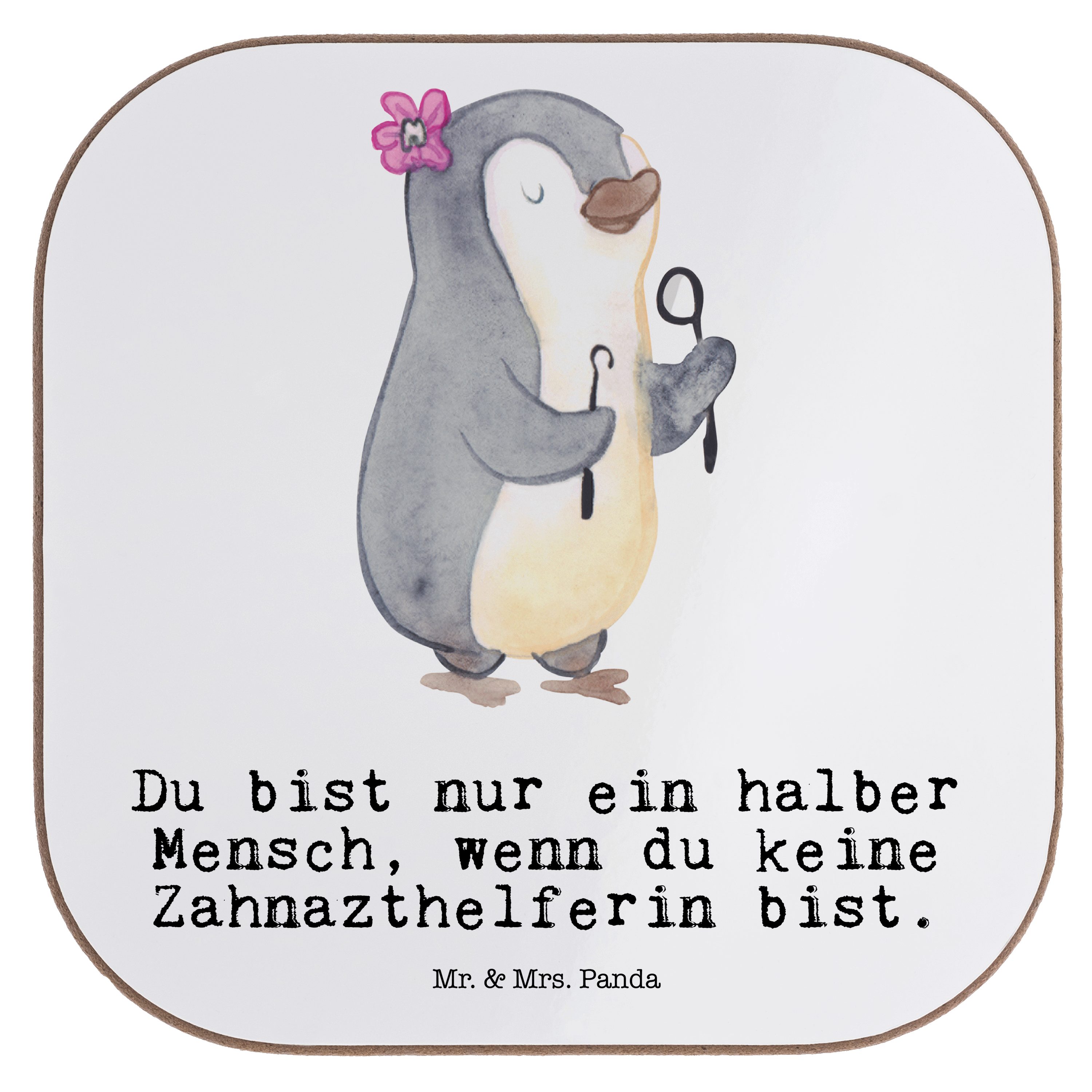 Mr. & Mrs. Panda Getränkeuntersetzer Zahnarzthelferin mit Herz - Weiß - Geschenk, Schenken, Kollege, Unter, 1-tlg.