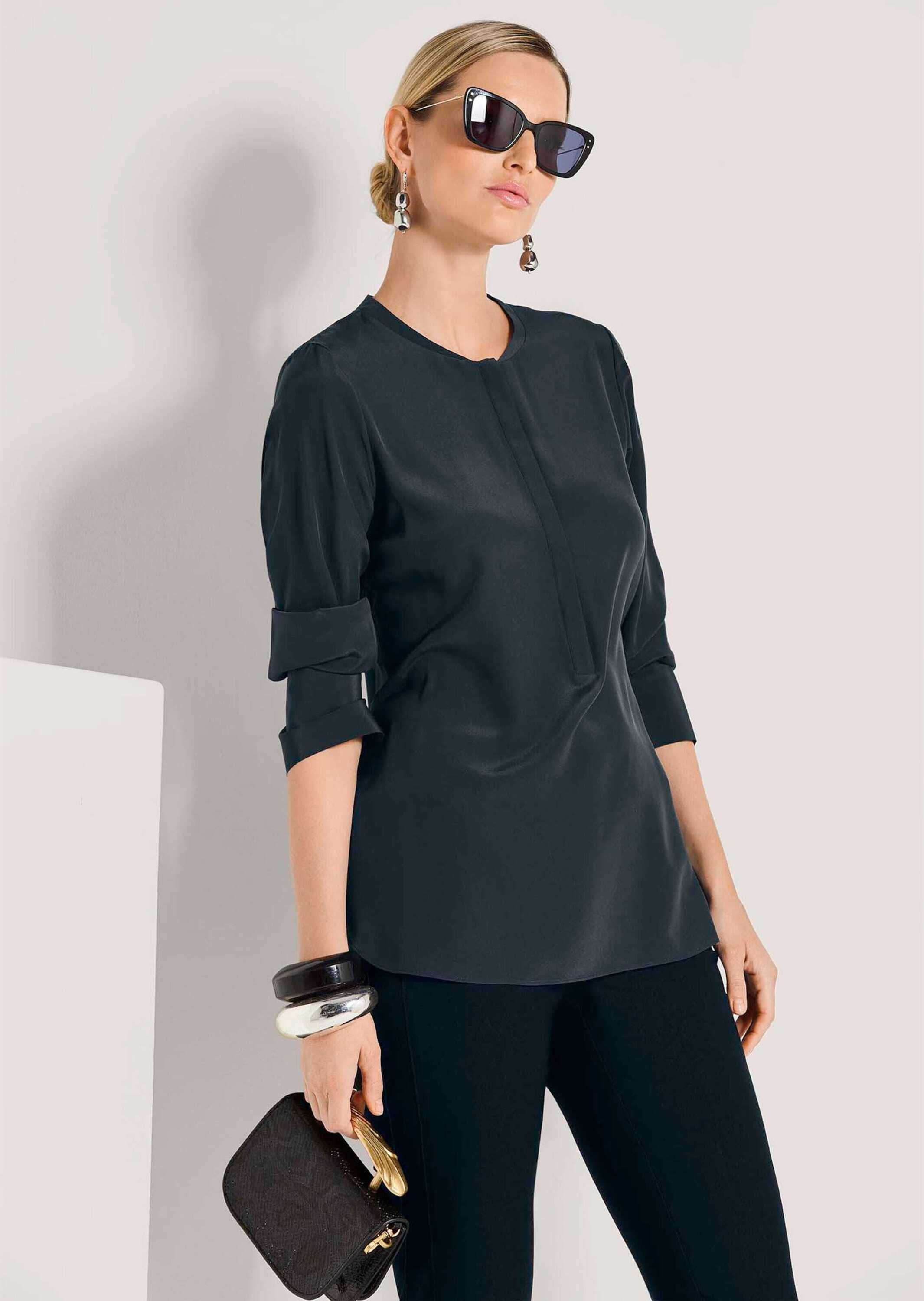 MADELEINE Hemdbluse Luxuriöse Bluse mit kragenlosem Design Hemdbluse mit verdeckter Knopfleiste und langen Ärmeln