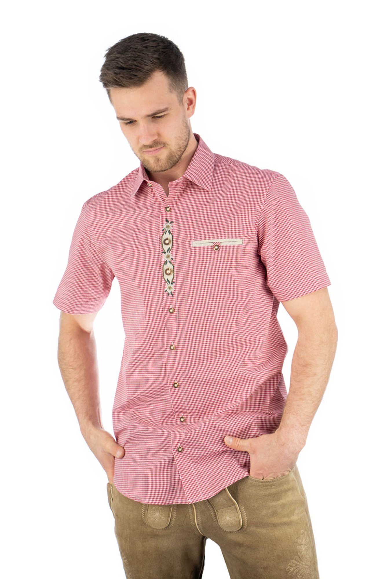 OS-Trachten Trachtenhemd Weonys Kurzarmhemd mit Paspeltasche, Edelweiß-Stickerei auf der Knopfleiste hochrot | Trachtenhemden