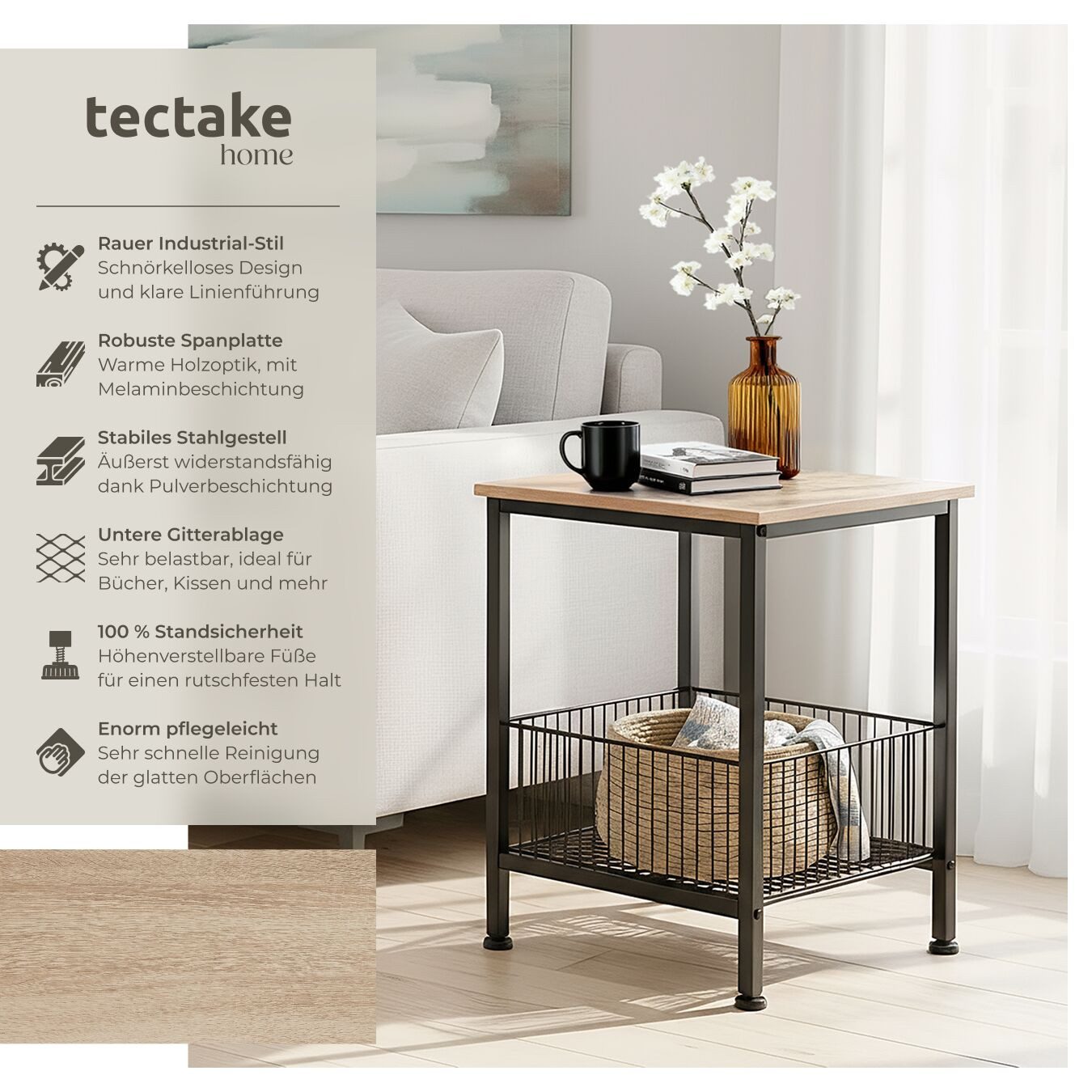 tectake Beistelltisch Couchtisch Grimsby 40x40x55,5cm (1-St., 1 tlg), Stilvoller Beistelltisch mit Ablage und Gitterkorb im Factory Look