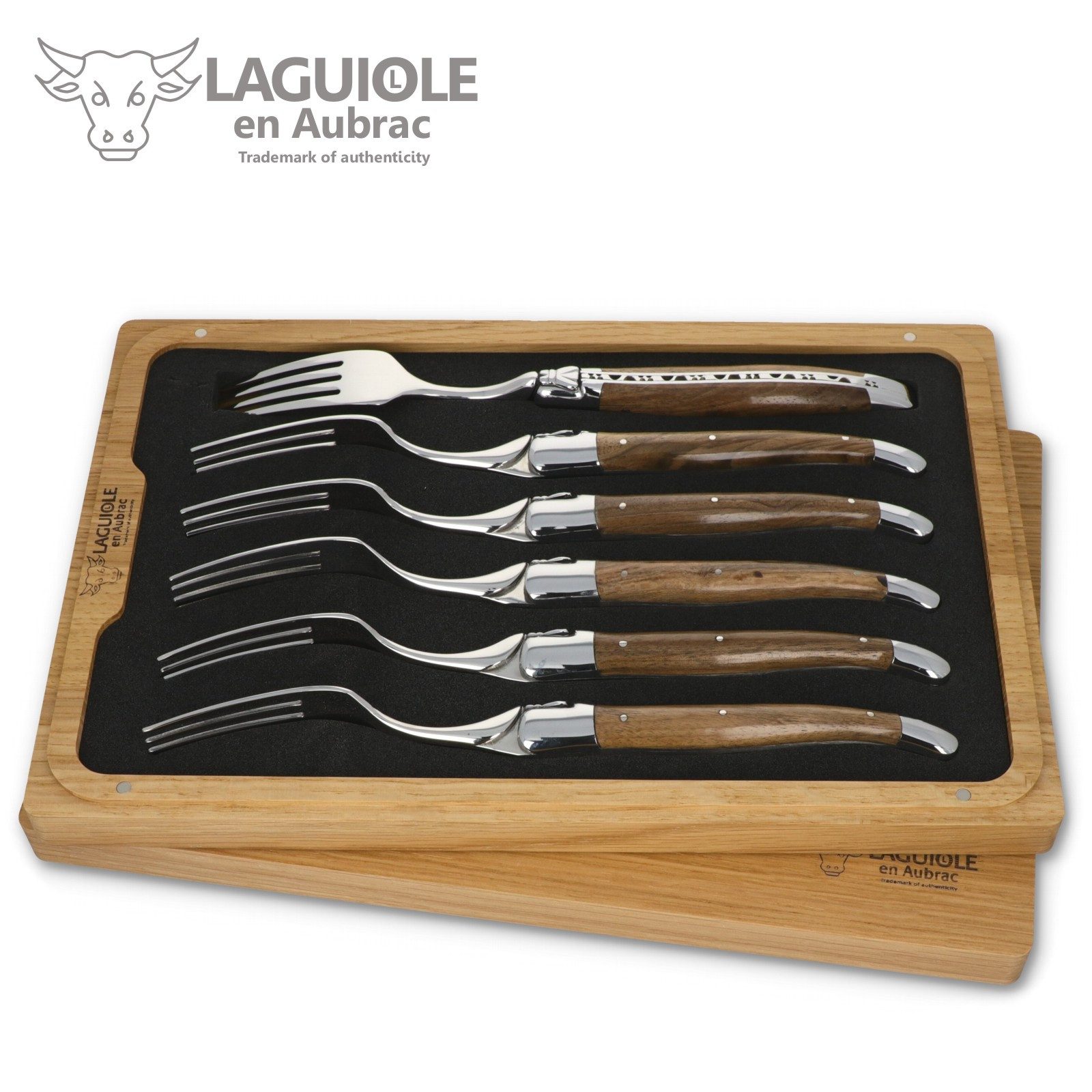 Laguiole en Aubrac Steakbesteck 62F99NOIH BRI, 6 Gabeln - Griff Nussbaum - Backen und Gabelteil Stahl glänzend
