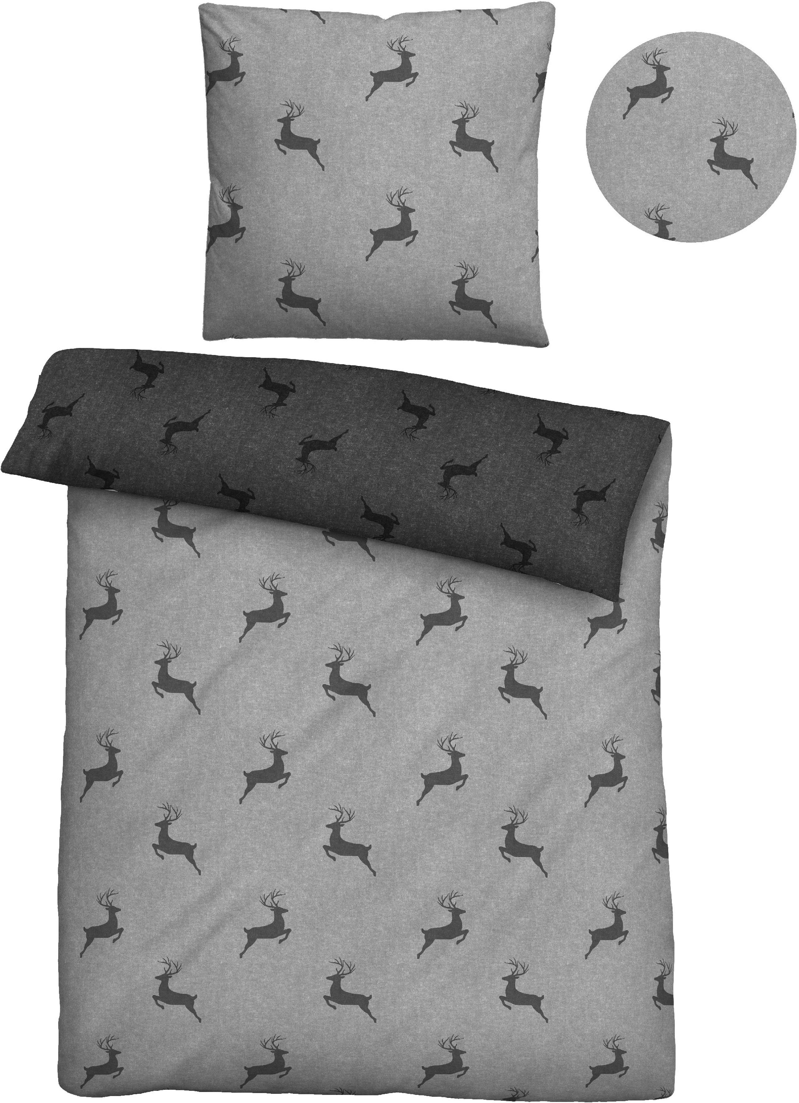 Biberna Wendebettwäsche Cardo in Gr. 135x200 oder 155x220 cm, Flanell, 2 teilig, Flanell kuschelig warm im Winter, Bettwäsche mit Hirschen, Weihnachten