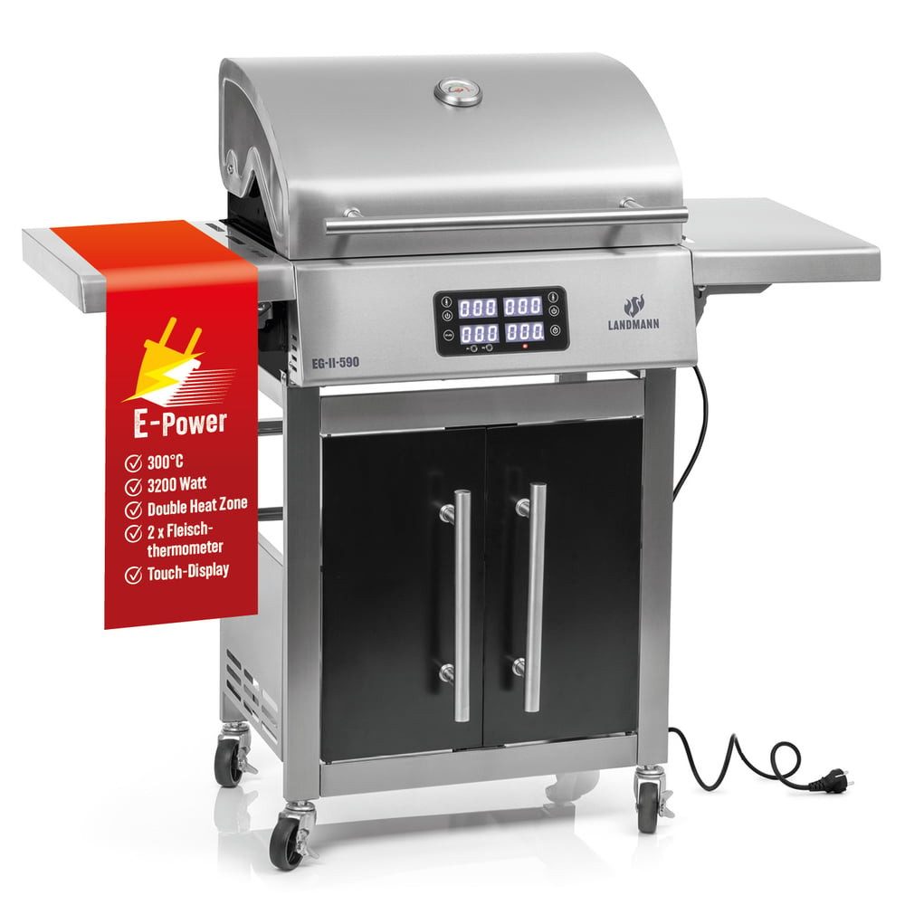 LANDMANN Elektrogrill VOLTRIS Elektro-Grillwagen, 3200 W, Leistungsstarker E-Grill mit 2 Fleischthermometern & Deckelthermometer