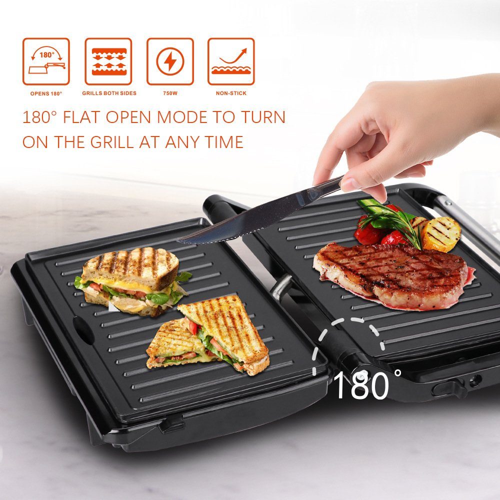 XDeer Kontaktgrill Kontaktgrill für Sandwiches,Steak und als Panini Grill, Toastplatte, 750,00 W, Sandwich Maker mit Antihaftbeschichtung, geöffnete 180°