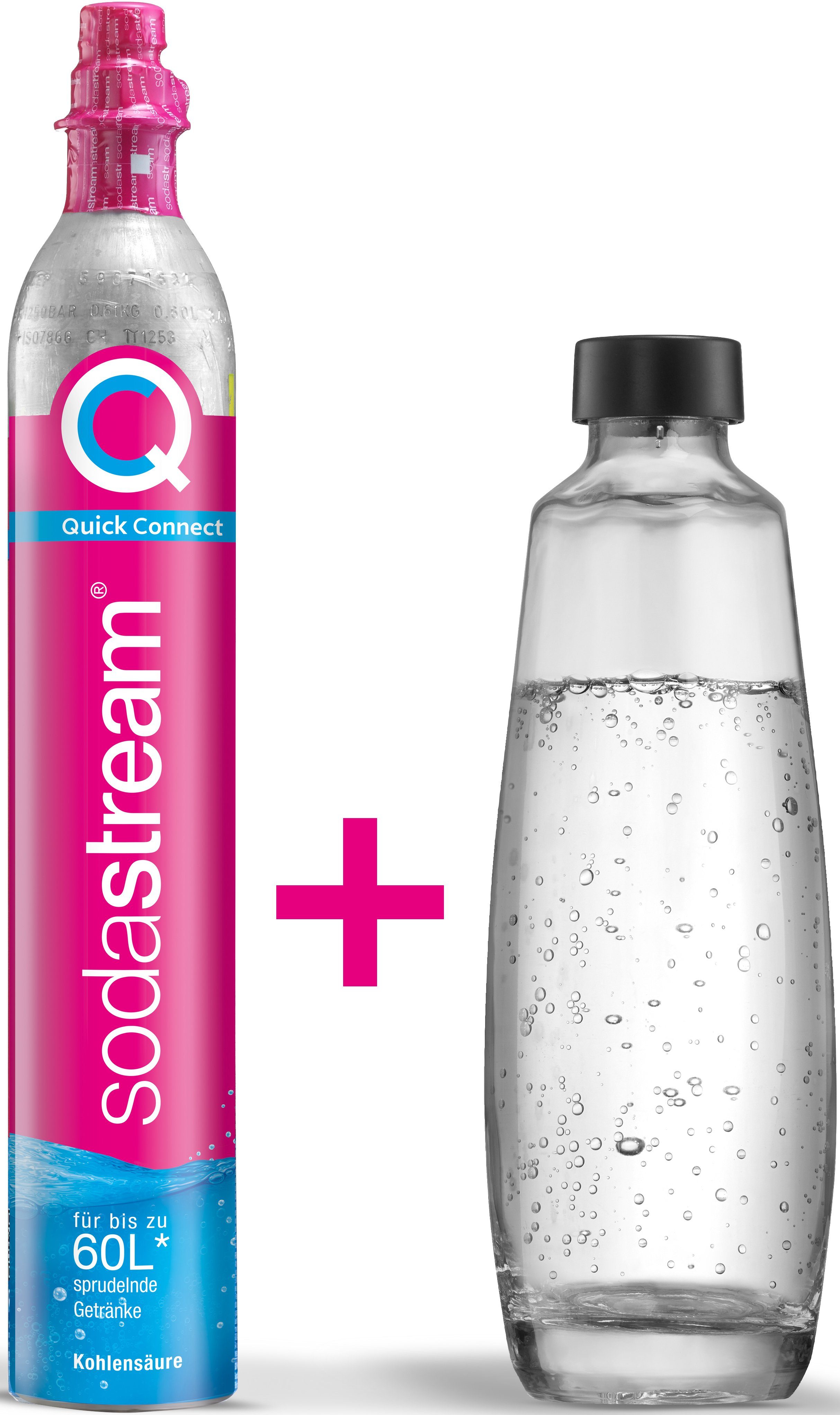 SodaStream Wassersprudler QC-Reservepack, (Set, 2-tlg), 1x Quick Connect CO2-Zylinder (Ergiebigkeit: 60L), 1x 1L Glasflasche