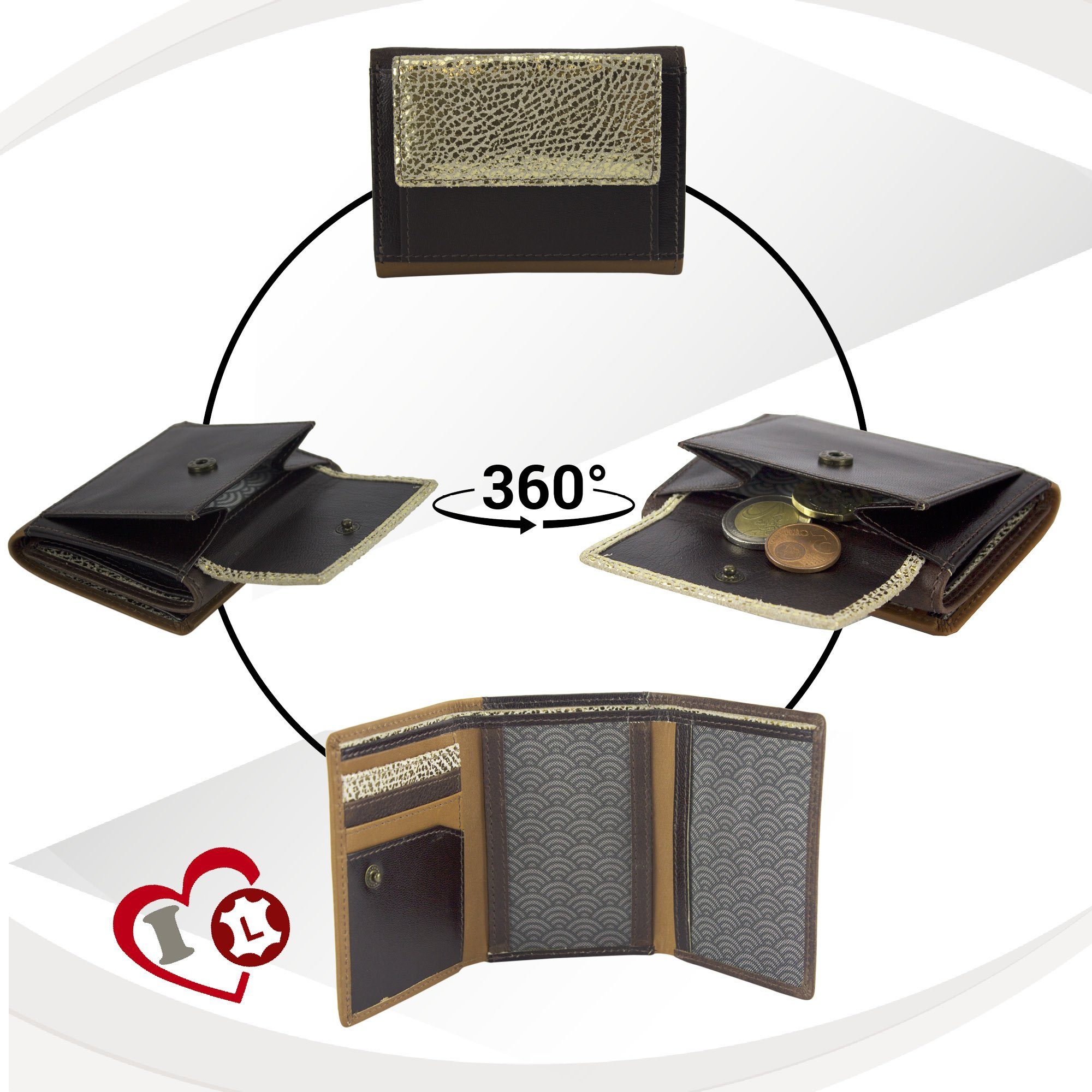 RFID-Schutz, Mini klein aus Portemonnaie Mini Leder, recycelten mit braun/gold echt Brieftasche, Unisex Lederresten, Geldbörse Geldbörse Geldbeutel Leder Sunsa