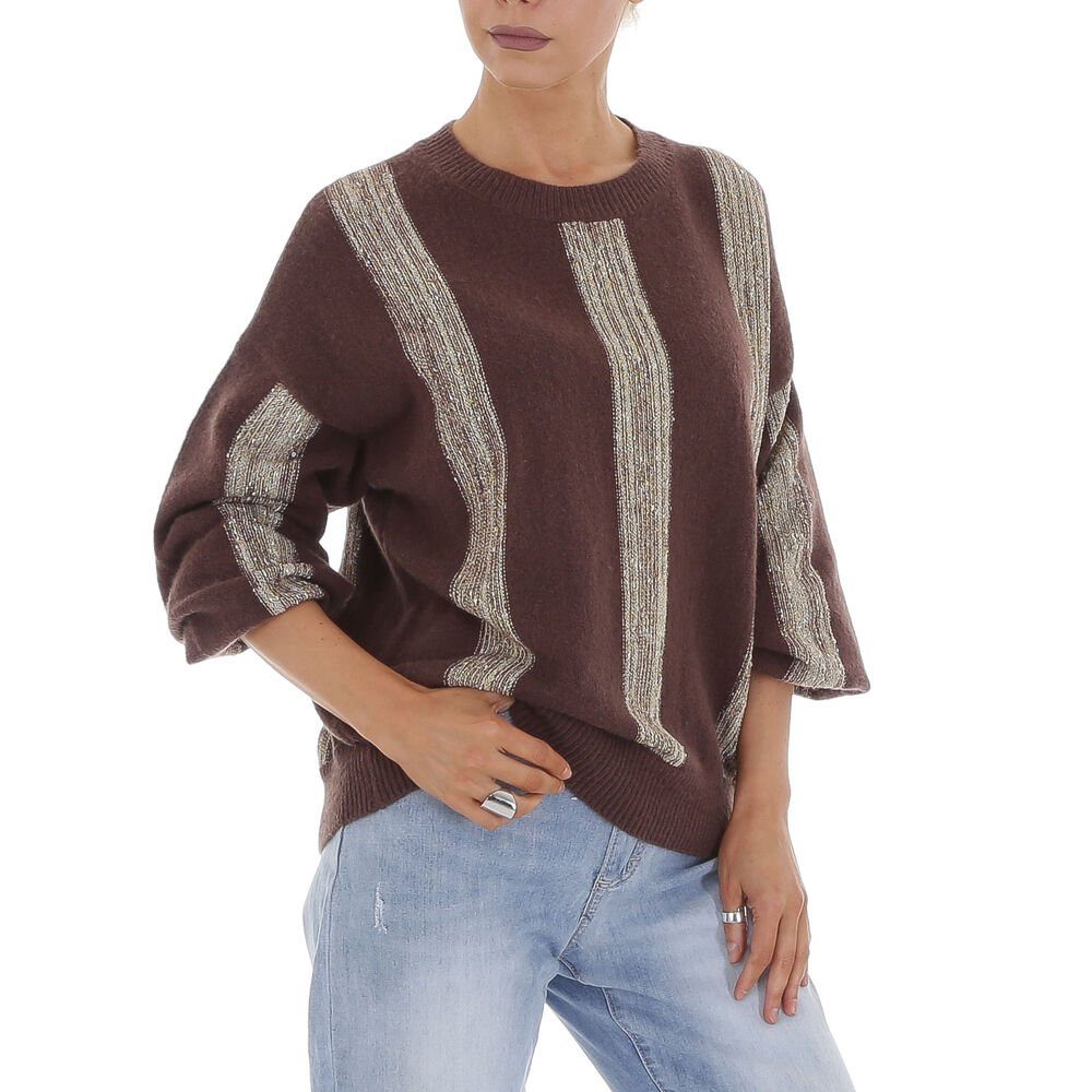 Ital-Design Strickpullover Damen Freizeit (81561300) Glitzer Gestreift Stretch Strickpullover in Braun