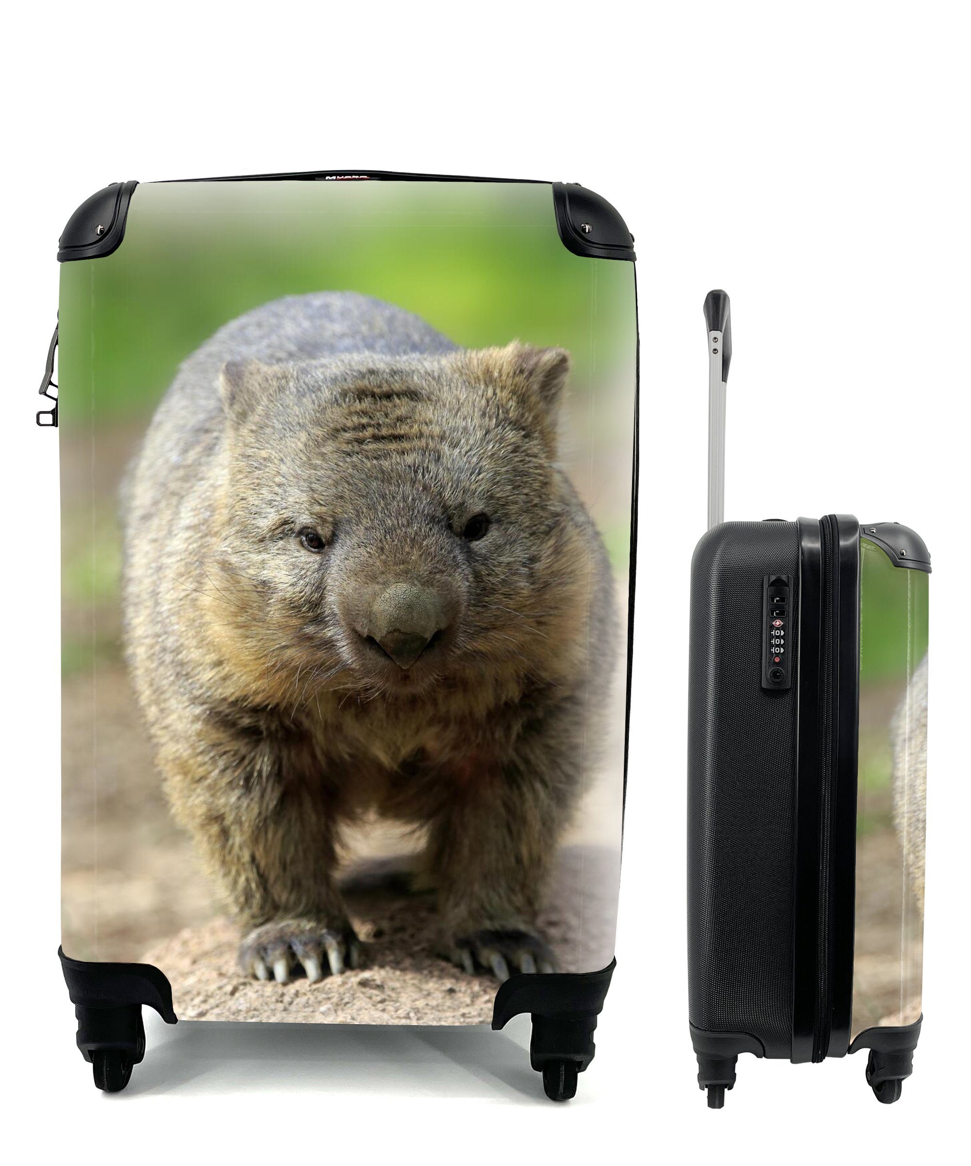 MuchoWow Handgepäckkoffer Ein Wombat auf einer Strandbank, 4 Rollen, Reisetasche mit rollen, Handgepäck für Ferien, Trolley, Reisekoffer