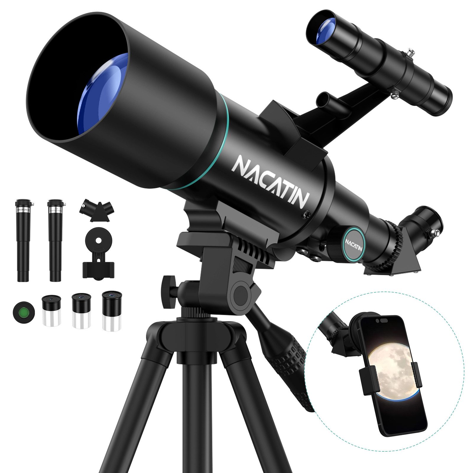 NACATIN Teleskop Kinder & Einsteiger Refraktor-Teleskop 70mm/300mm Tubuslänge, mit Stativ,15X-150X,Handy-Adapter