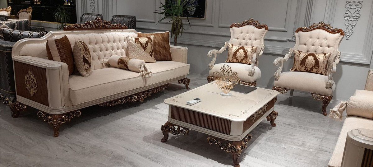 Beige / Grau - - Barock & / Luxus Wohnzimmer Prunkvolles Edel Padrino - / Braun Barock Wohnzimmer Casa Prunkvoll Sofa Möbel Gold Sofa Sofa
