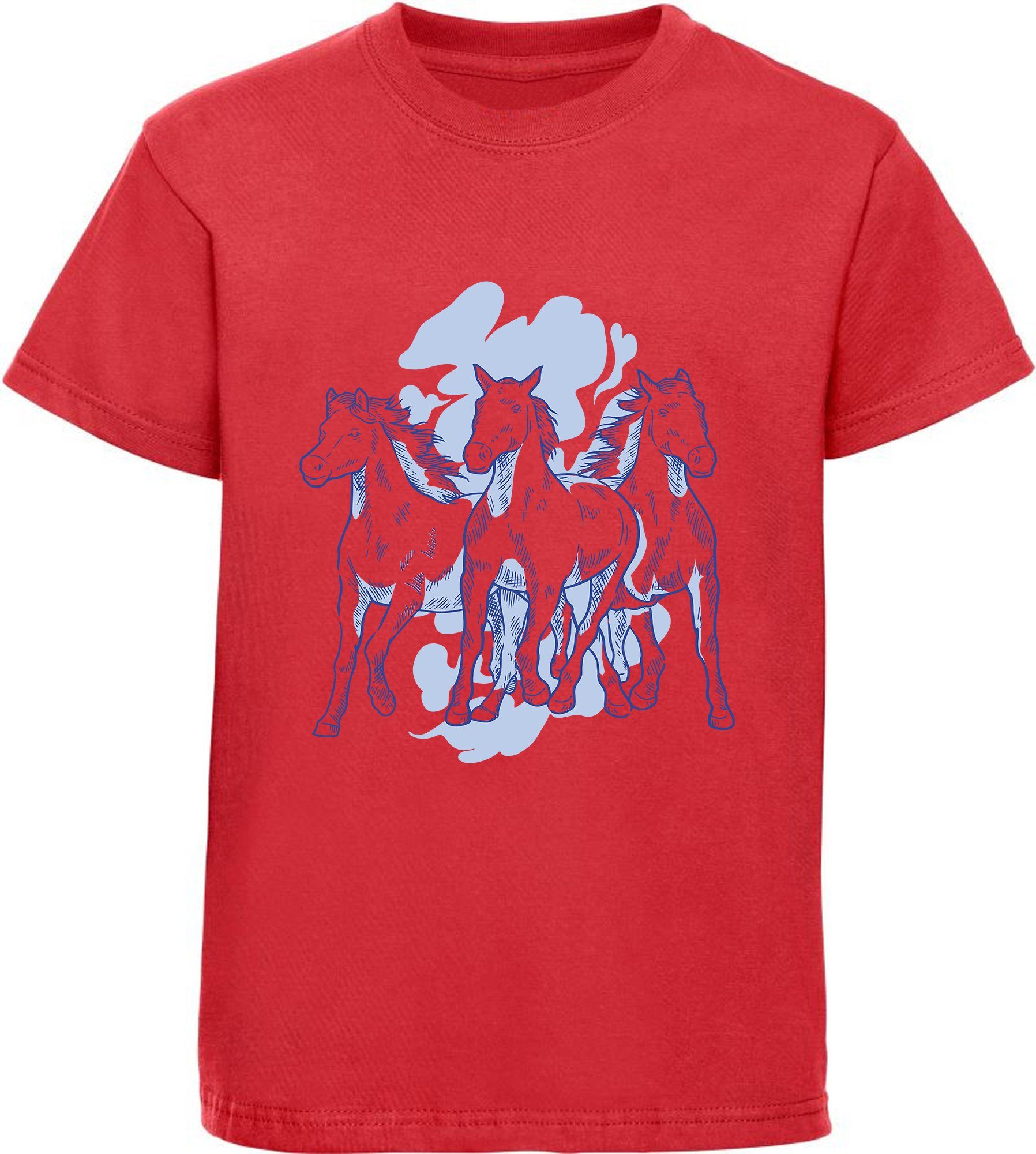 MyDesign24 Print-Shirt bedrucktes Mädchen T-Shirt mit 3 Pferden Baumwollshirt mit Aufdruck, i141 rot