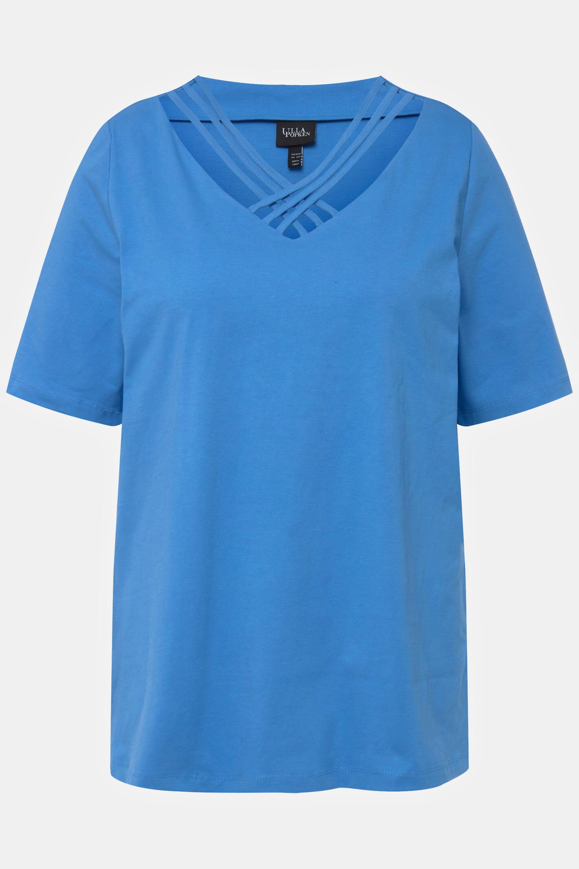 stahlblau Zierbänder T-Shirt V-Ausschnitt Classic Ulla Halbarm Popken Rundhalsshirt