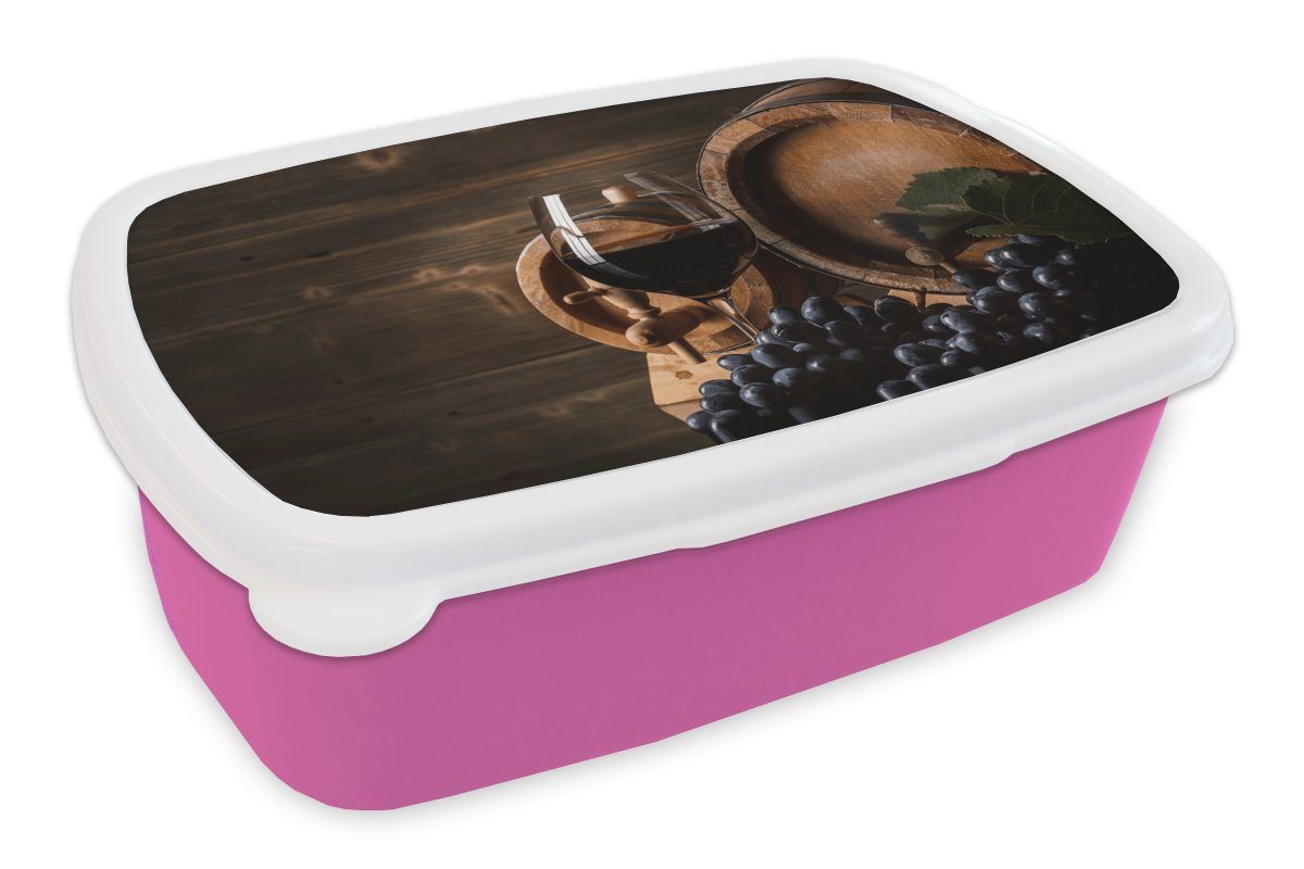 MuchoWow Lunchbox Wein - Weinglas - Weintrauben - Glas, Kunststoff, (2-tlg), Brotbox für Erwachsene, Brotdose Kinder, Snackbox, Mädchen, Kunststoff rosa