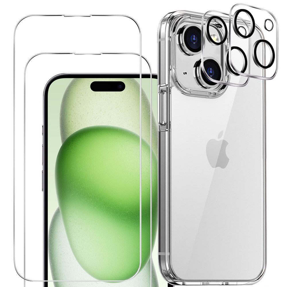 FITSU Handyhülle 5-in-1 Hülle für iPhone 15 Case Transparent 6,1 Zoll, 2 x Schutzglas 9H, 2 x Kameraschutz, 1 x Handyhülle Ultraklar
