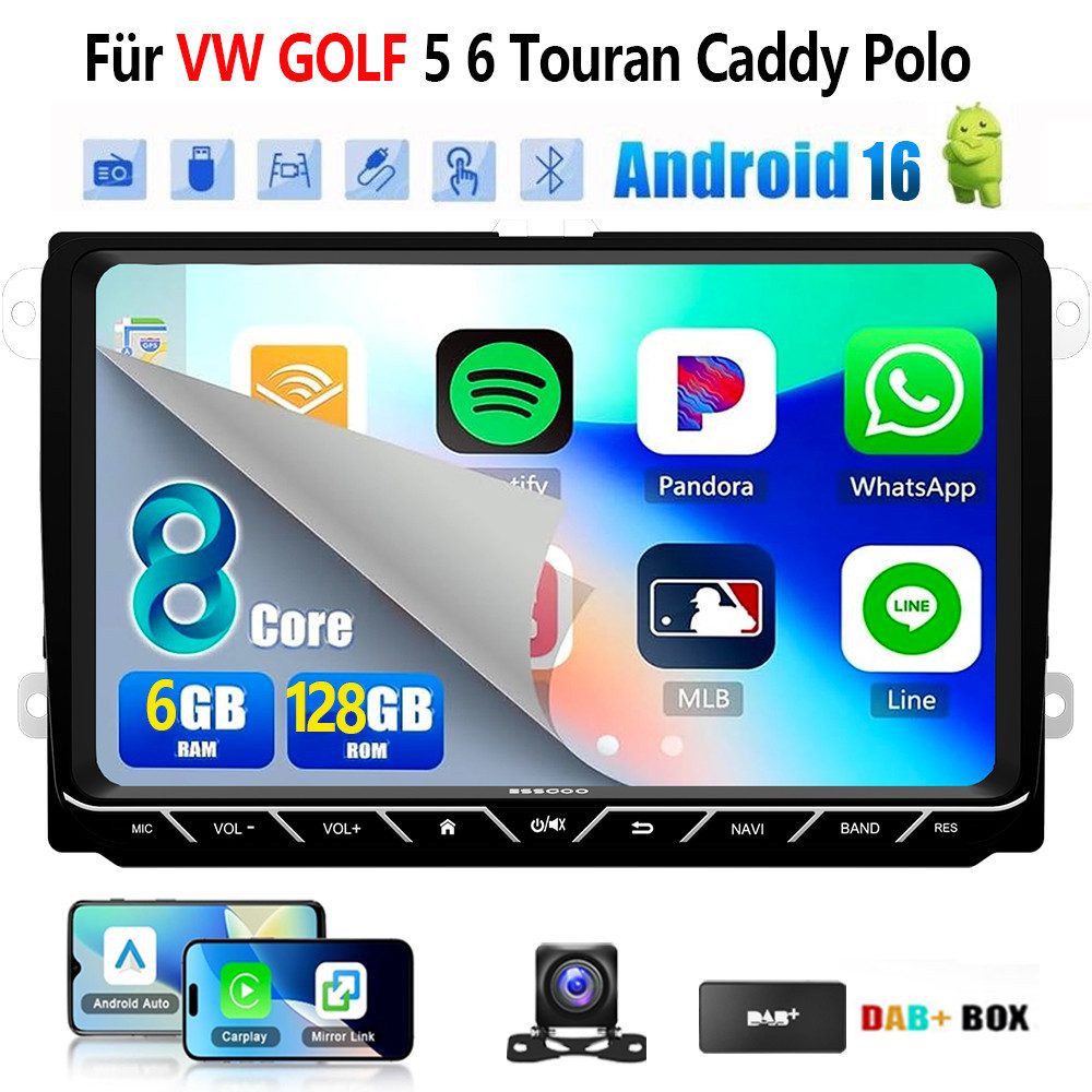 ESSGOO DAB+ Android16 6+128G Carplay GPS 4G Für VW GOLF 5 6 Touran Caddy Polo Autoradio (6GB+128GB, RDS, 4G LTE, FM, AM, DAB+ (optional), SWC, Carplay Android Auto Bluetooth EQ USB GPS Navi WIFI Touchscreen)
