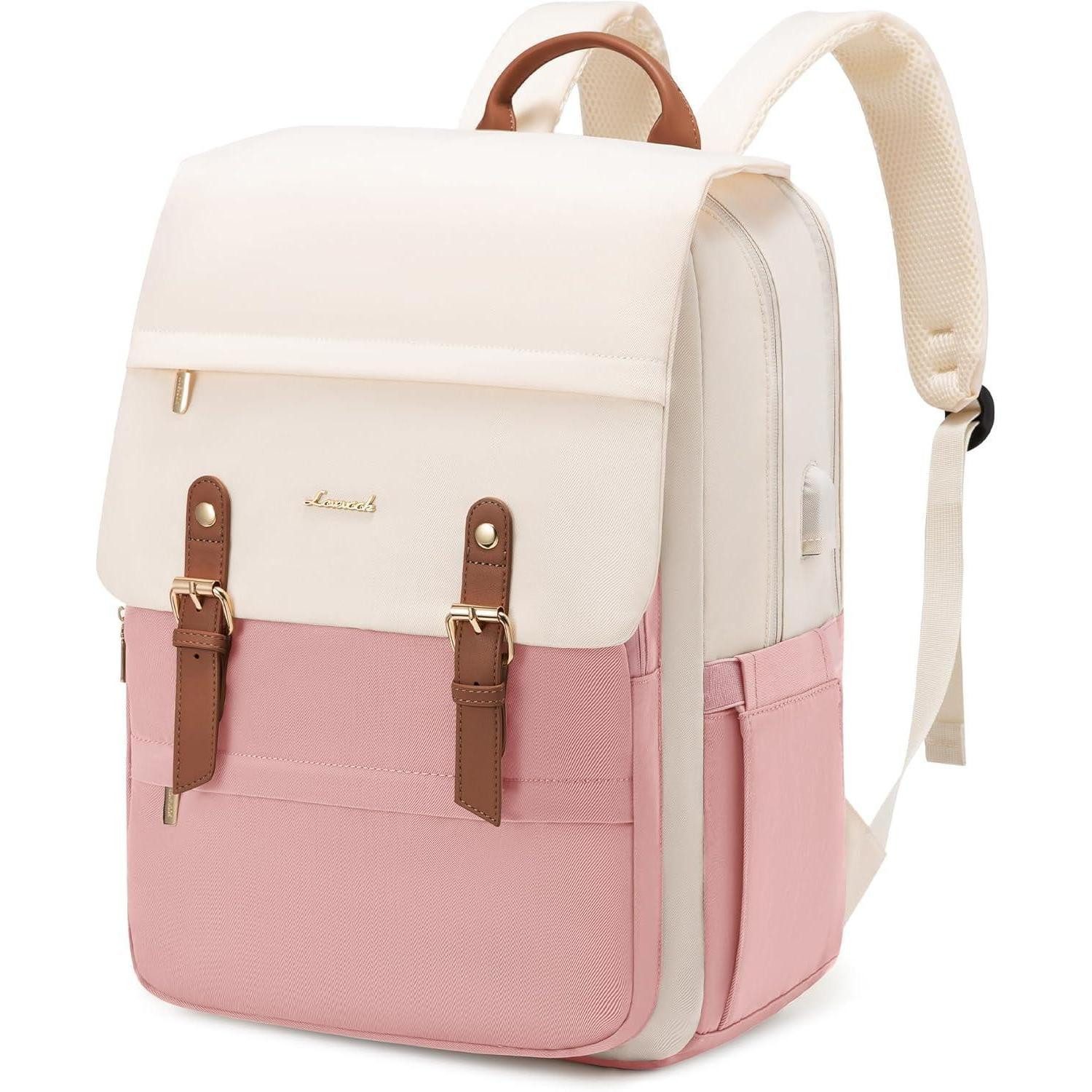 Laptoprucksack Rucksack Damen Laptop wasserdicht Schulrucksack 15.6 Zoll Beige & Rosa