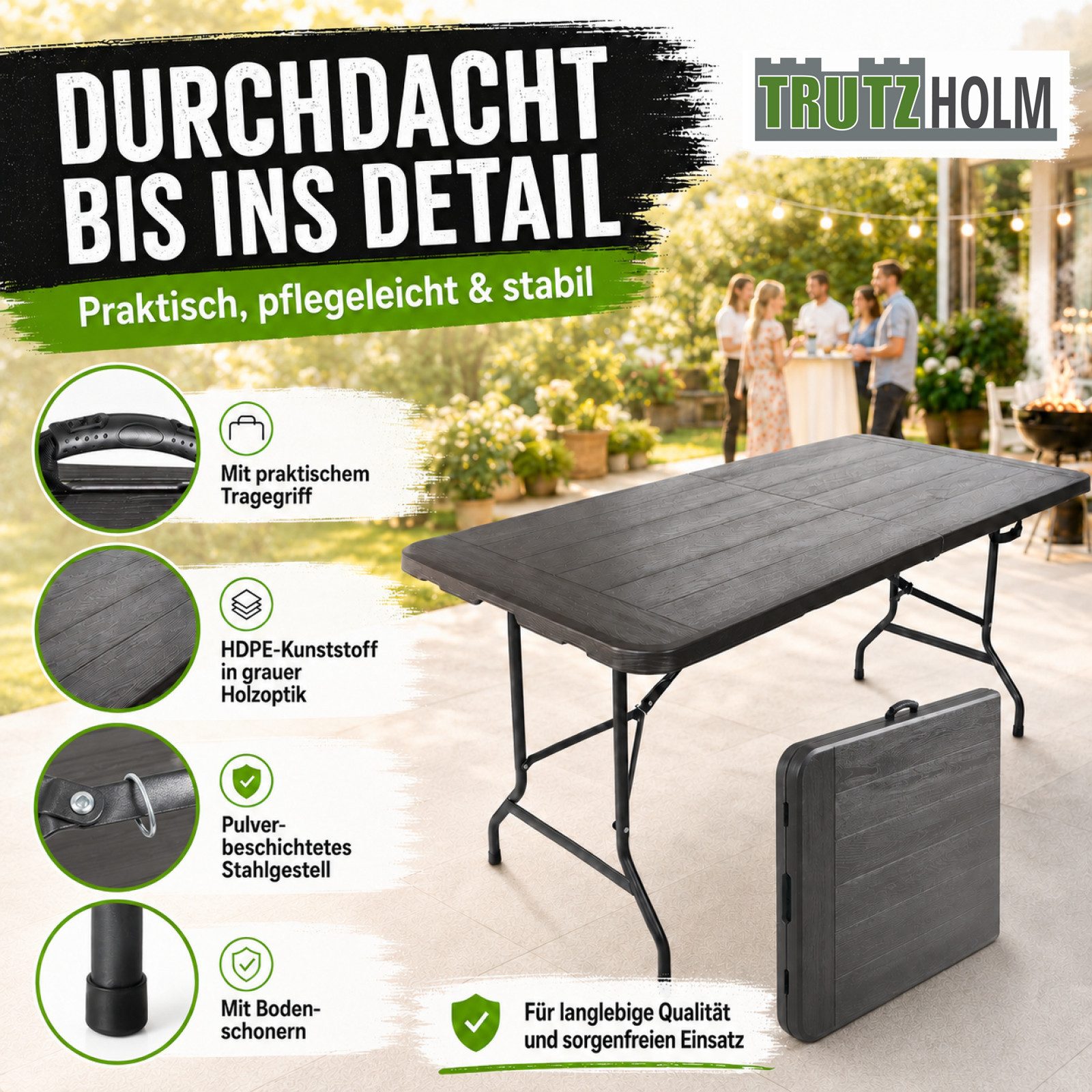 TRUTZHOLM Bierzeltgarnitur Buffettisch Klapptisch 180 x 75 cm Holzoptik klappbar Kunststoff, (1x Produkt, 1-tlg), max.Traglast:150kg