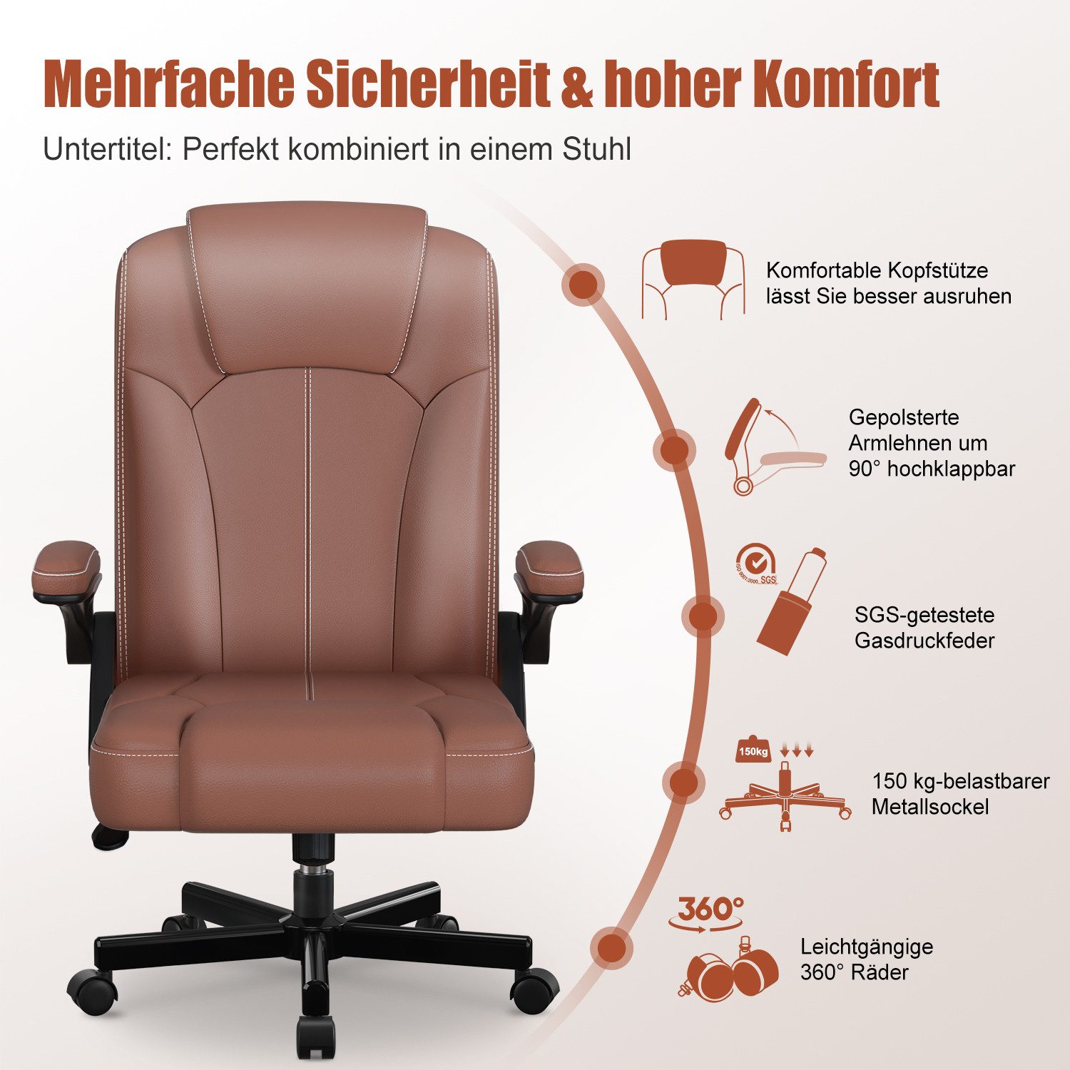 Homimaster Bürostuhl Ergonomischer Bürostuhl mit 90° Klapparmlehnen (Verstellbare Rückenlehne & hoher Sitzkomfort, Schreibtischstuhl mit 90-120° Neigungsfunktio – Bild 4 von 5