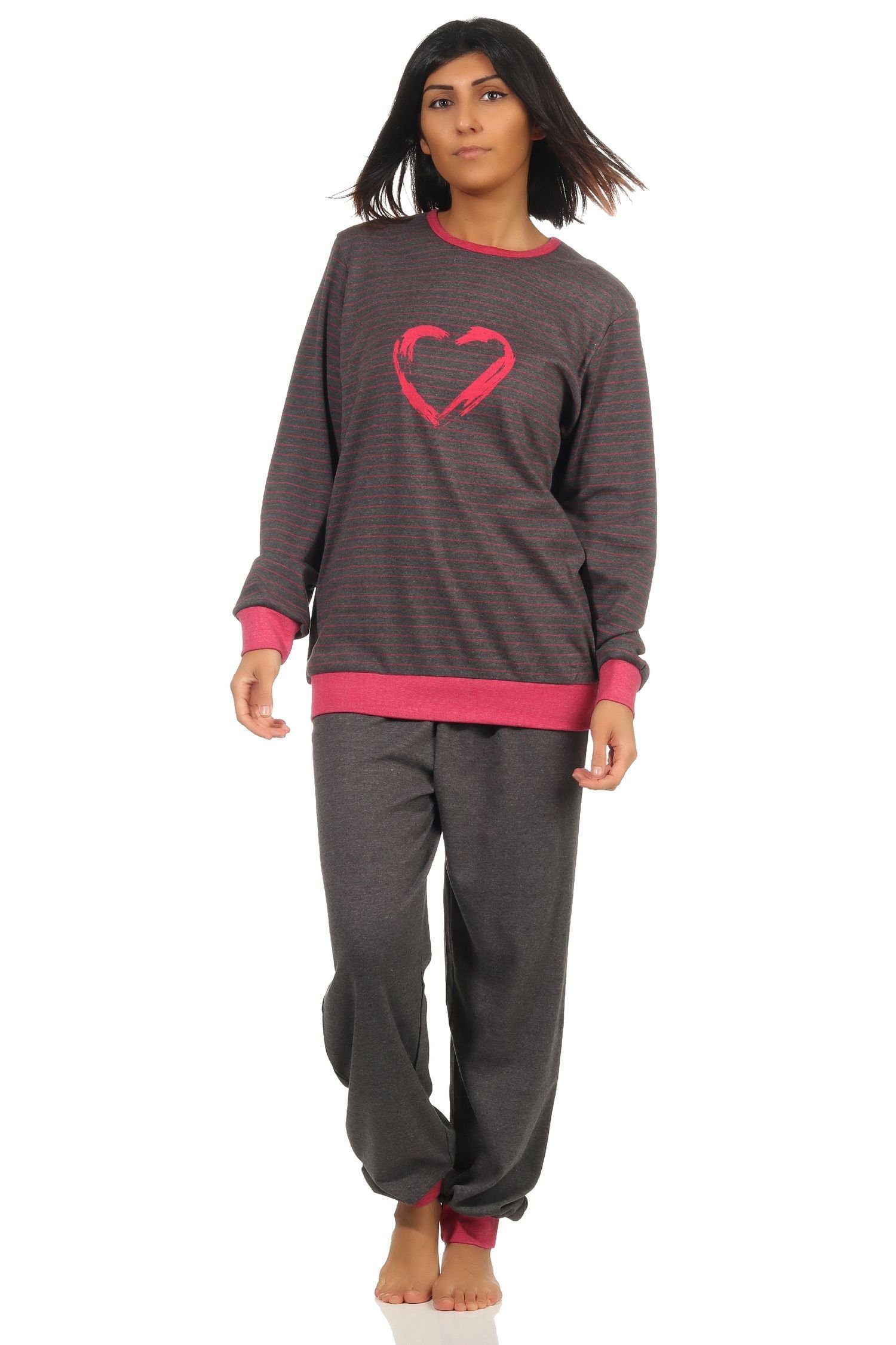 Pyjama Damen Pyjama langarm mit Bündchen und Herz Motiv in Streifenoptik
