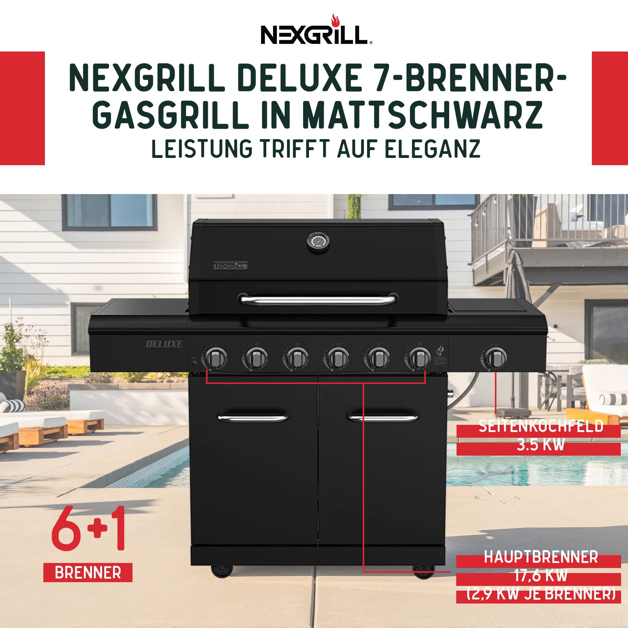 nexgrill Gasgrill 6B Deluxe 6+1 Brenner, Seitenkochfeld, Sondermodell Matt Schwarz, 21KW, Aufbaumaß: 148x62x119 cm