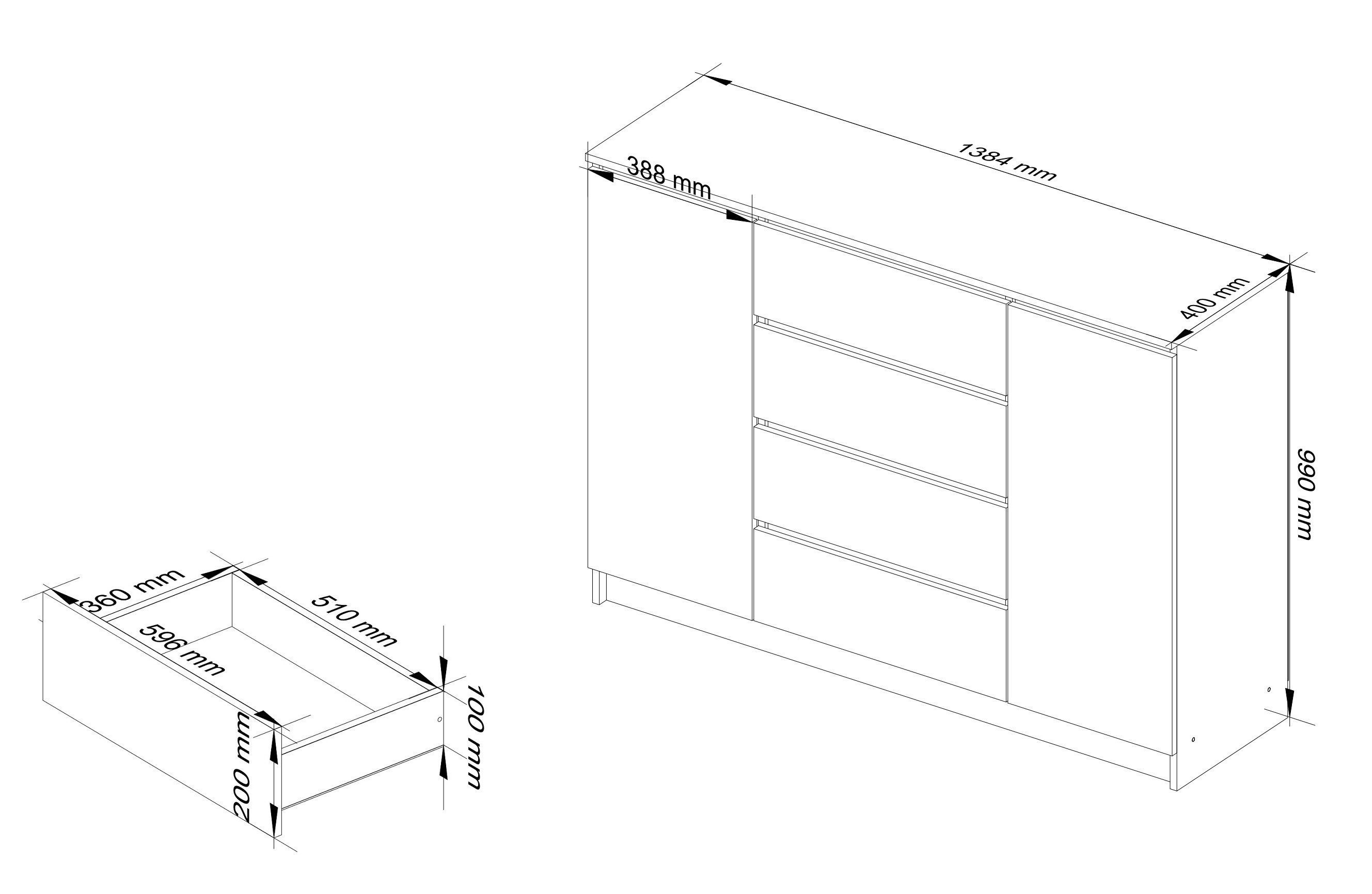Raumhirsch Furniture Kommode mit 4 Schubladen, zwei Schranktüren, 138 cm breit Holz Schrank, (viele Farbvarianten - Maße: 138 x 99 x 40 cm) - Hochwertig & stabil