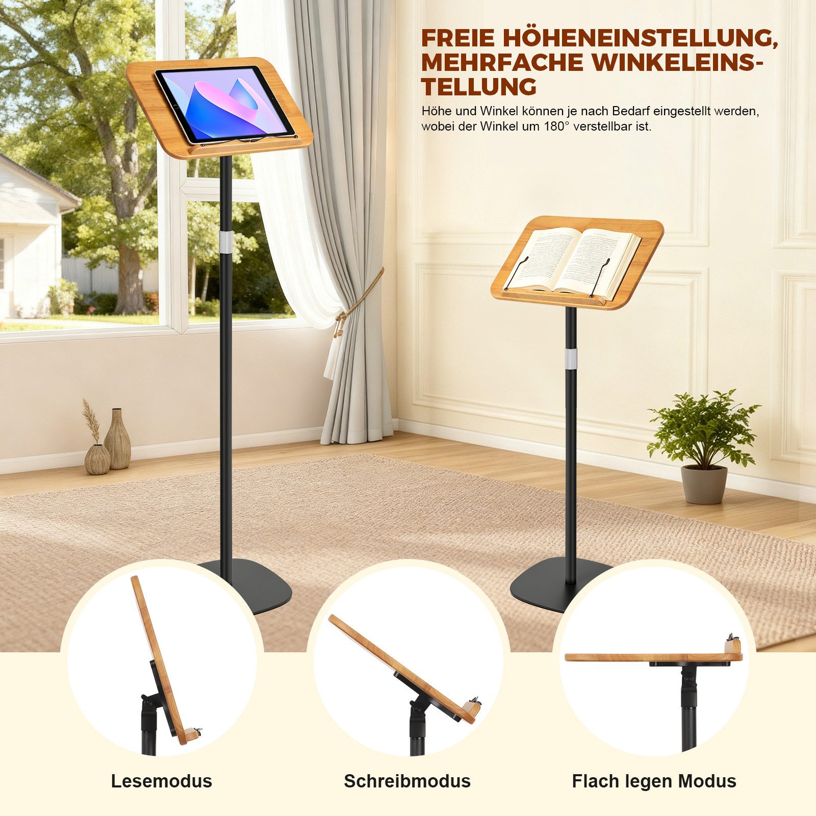 JOYOLEDER Buchstütze Buchständer Höhenverstellbar 50-130cm, Holz Leseständer mit Elastische (Seitenclips, Kochbuchhalter Buch Halterung, zum Lesen für Noten Rez – Bild 5 von 5