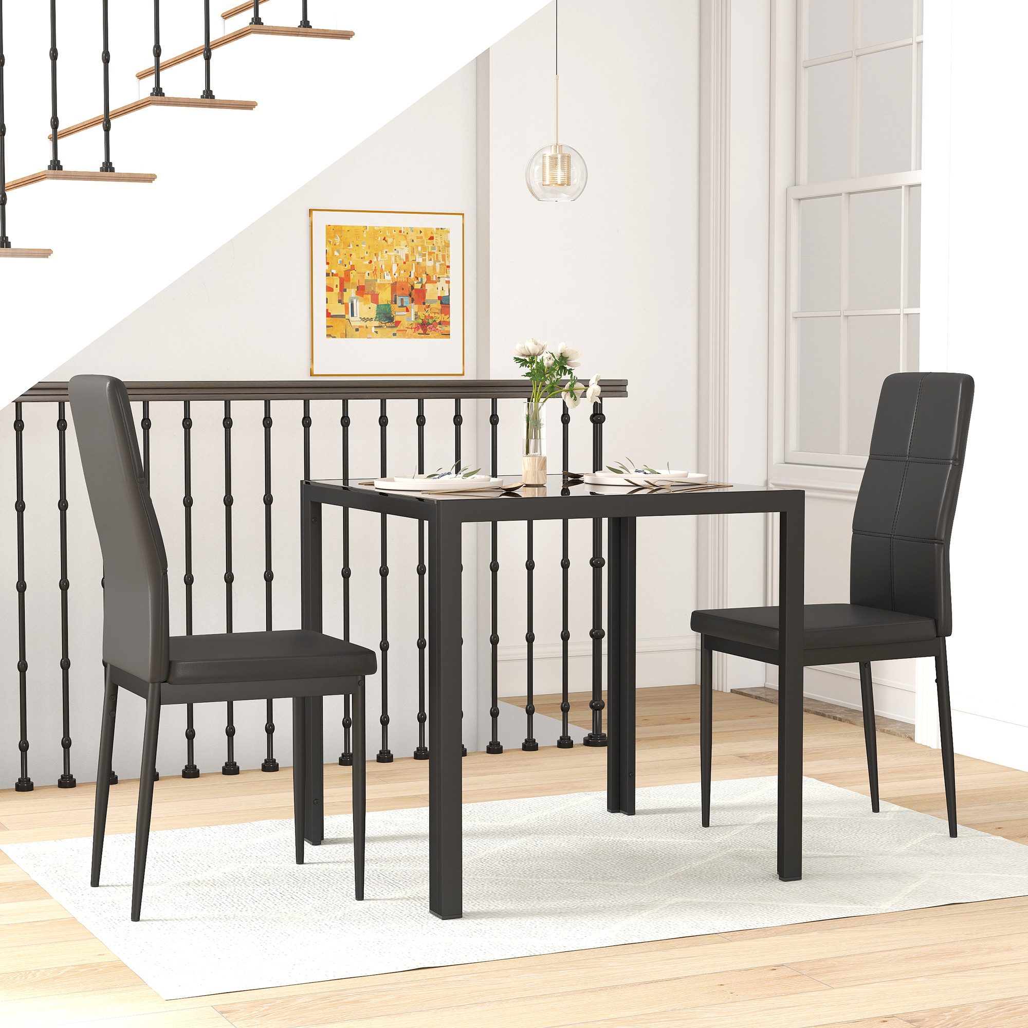 HOMCOM Essgruppe mit Glas-Tischplatte, (Esstisch mit 2 Stühlen, 3-tlg., platzsparend Esszimmergruppe), für Esszimmer, Küche Schwarz