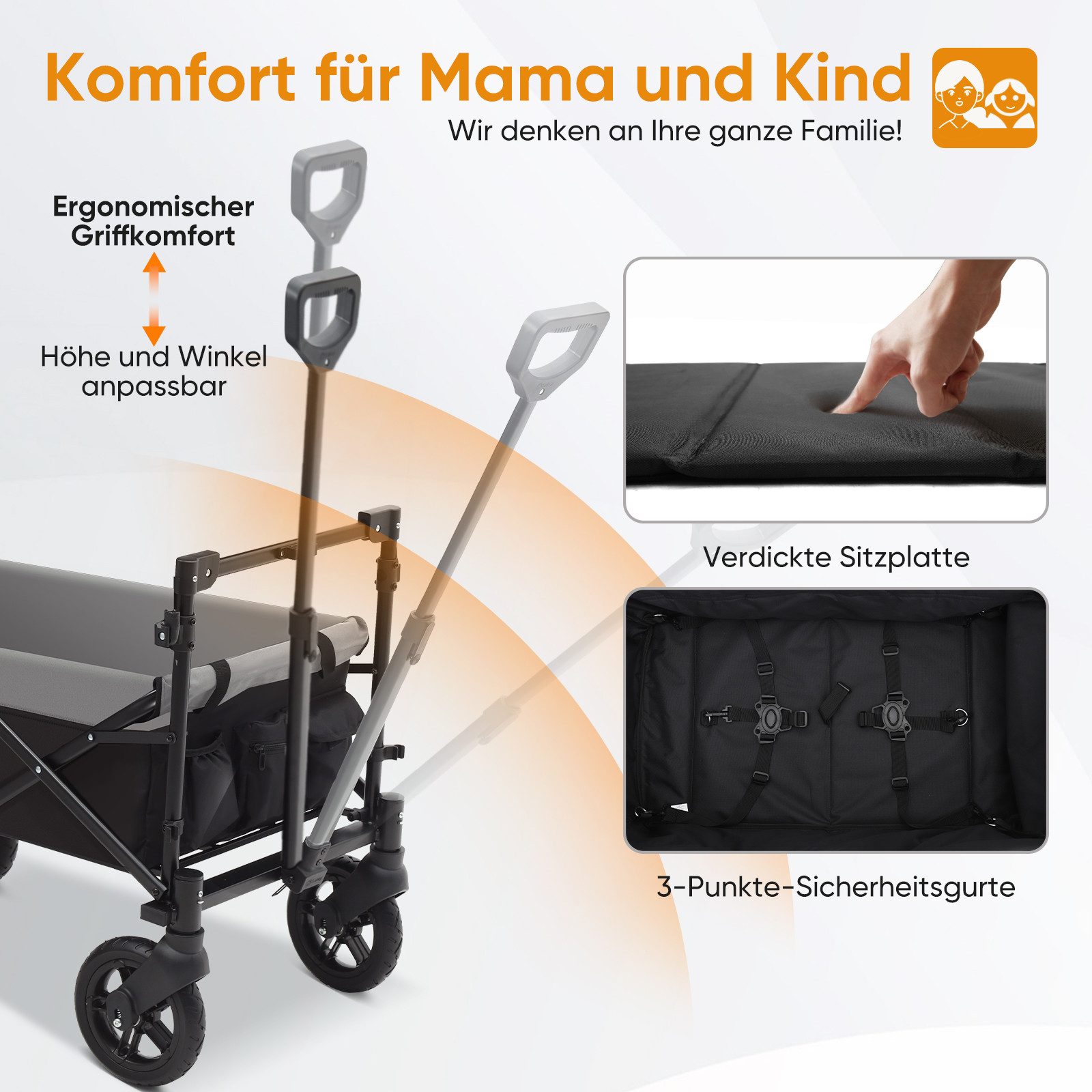 Sekey Bollerwagen Sekey Bollerwagen Faltbar mit Dach 150KG mit 3-Punkt-Sicherheitsgurte – Bild 4 von 5
