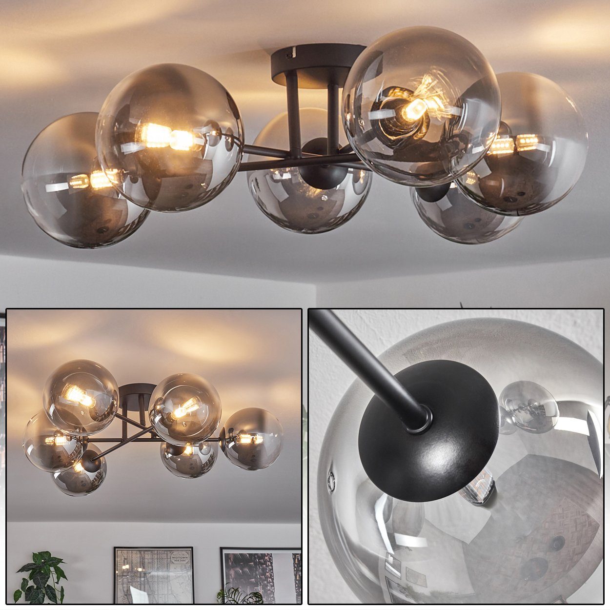 hofstein Deckenleuchte Deckenlampe aus Metall/Glas in Schwarz/Rauchfarben/K günstig online kaufen