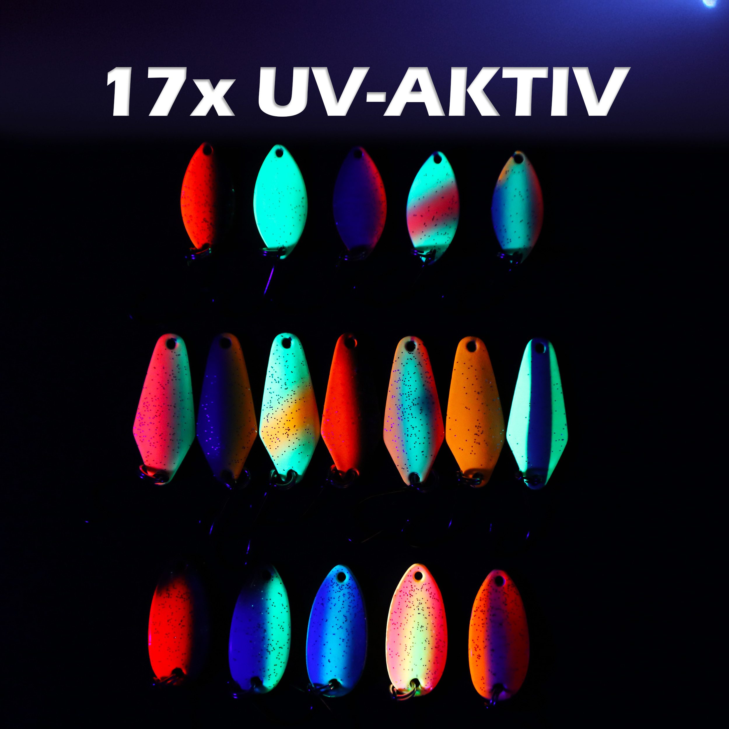 Paradox Fishing Kunstköder Forellen Spoon Set 18 Stück 1,5g/2,5g/3,5g mit Box, (inkl. 10 Snaps), UV-AKTIV – Bild 4 von 5