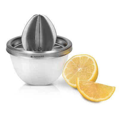 Navaris Zitruspresse, Zitronenpresse manuell mit Edelstahl Deckel - spülmaschinenfest - manuelle Presse auch für Apfelsinen Limetten Orangen - mit Behälter