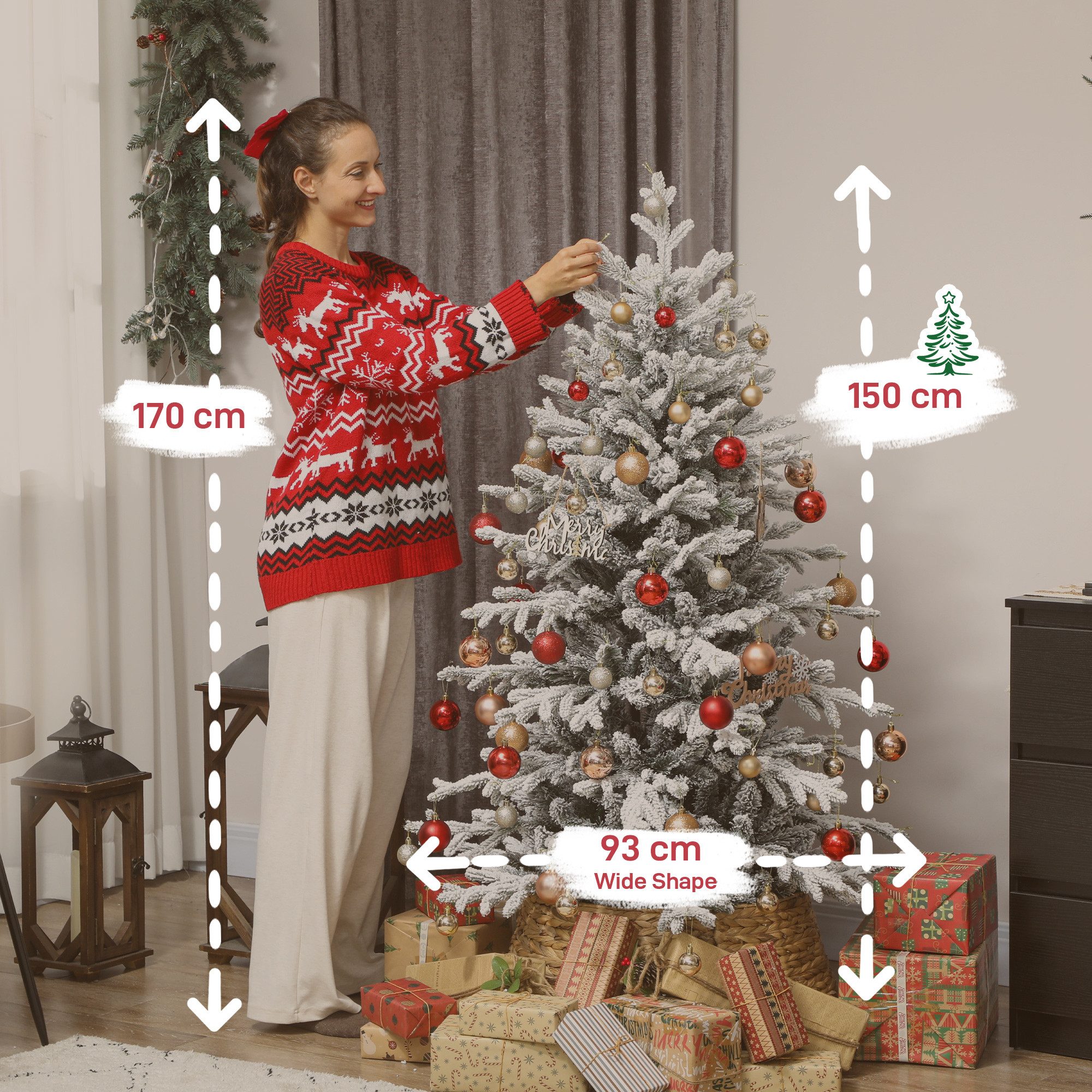 HOMCOM Künstlicher Weihnachtsbaum Christbaum mit Schnee, 1815 Zweigen, mit klappbarem Metallständer, Kiefernbaum, Realistisches Aussehen, Grün+Weiß