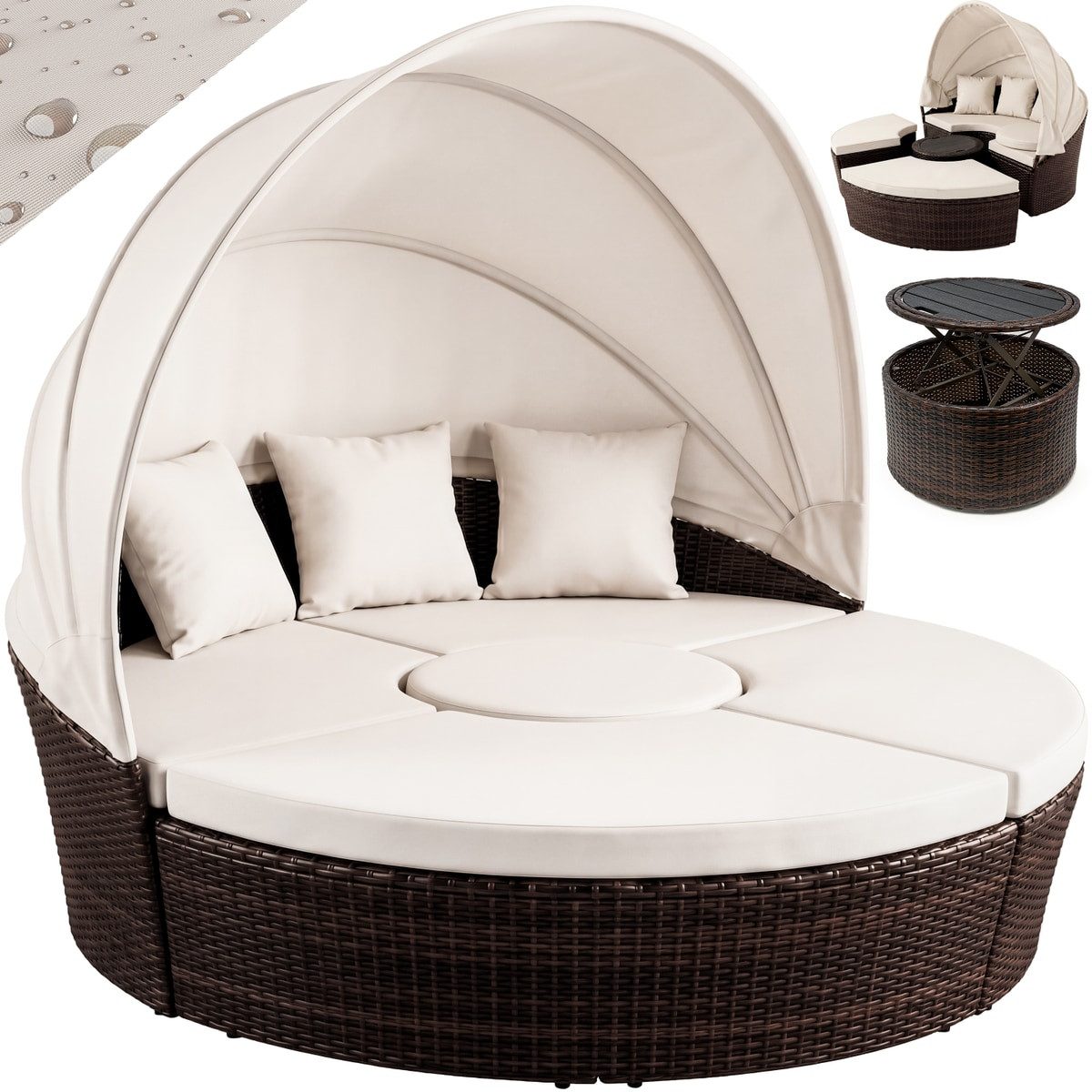 Casaria Sonneninsel Braun, 185cm Sonnenliege Polyrattan mit Tisch Wetterfest Kissen Gartenliege