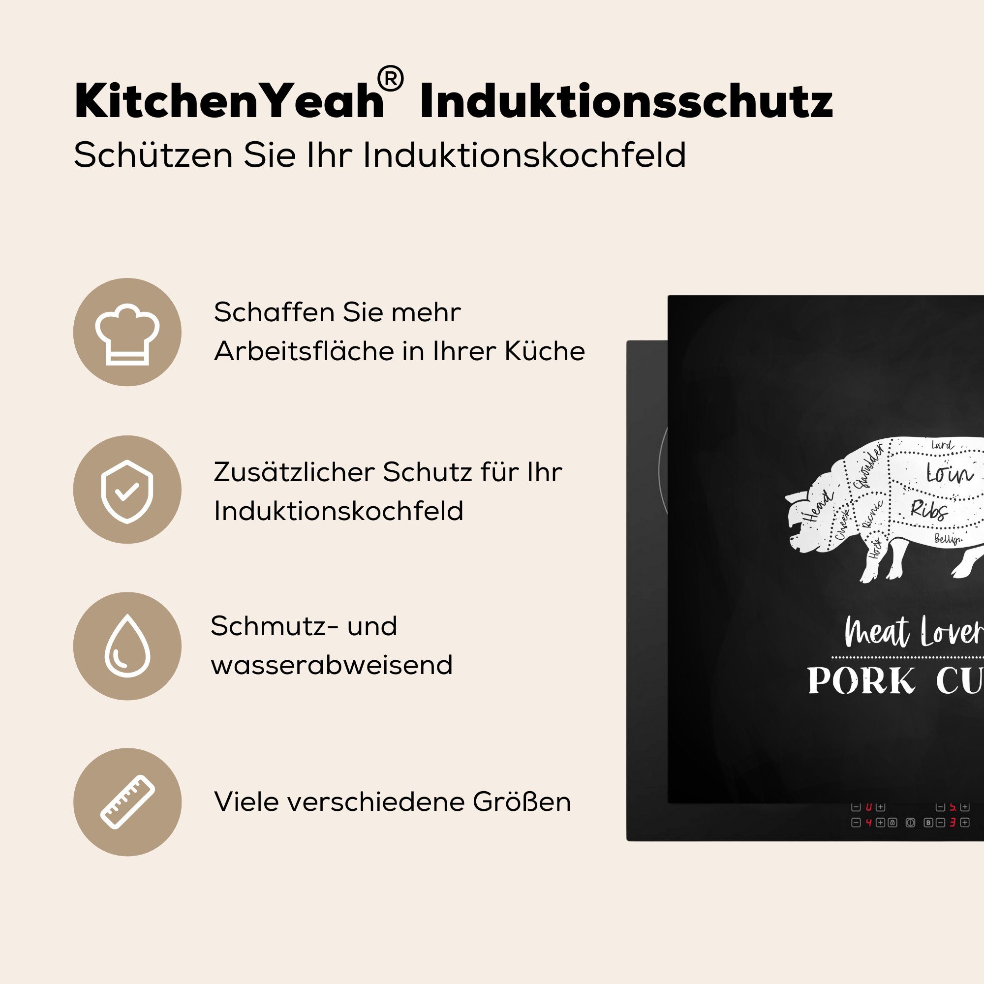 Schwein - Herdblende-/Abdeckplatte 78x78 Ceranfeldabdeckung, küche (1 Vinyl, tlg), Küche Arbeitsplatte Fleisch, für MuchoWow - cm,