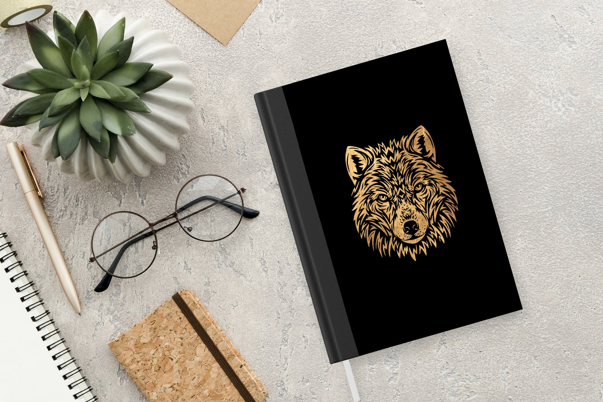 Tier Tagebuch, Haushaltsbuch 98 - Wolf Bild, A5, Notizbuch Notizheft, MuchoWow Seiten, - Merkzettel, Gold - Journal,