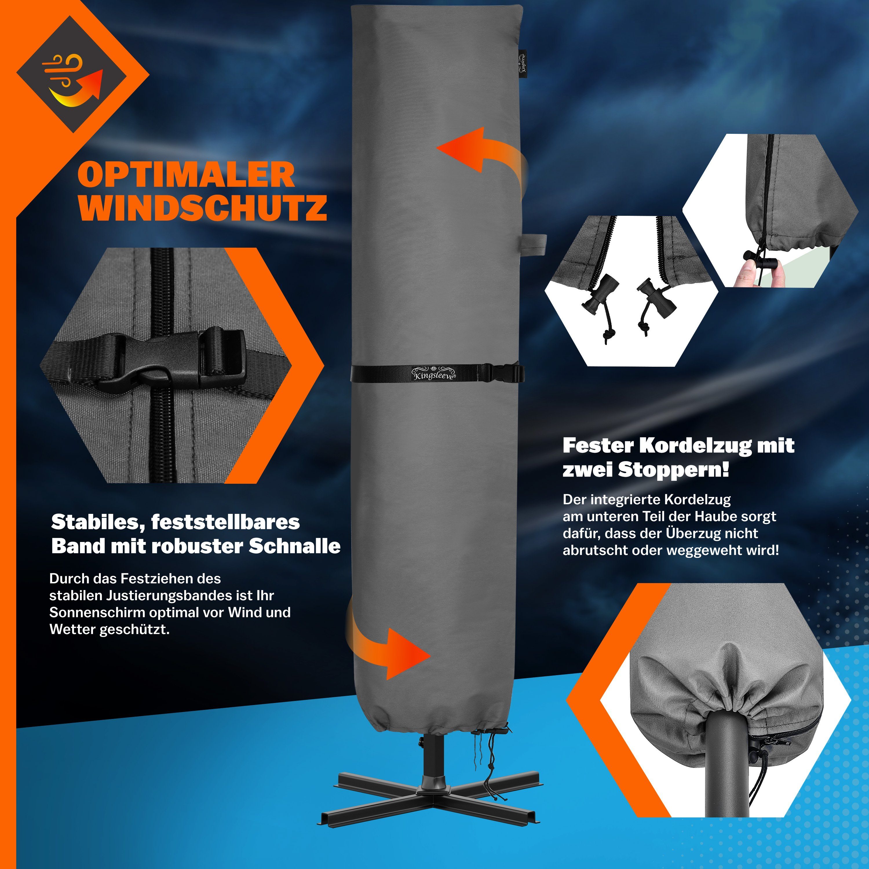 Kingsleeve Sonnenschirm-Schutzhülle (1-St), bis Ø 350 cm mit Stab Winterfest Wasserabweisend Wetterfest Robust – Bild 4 von 5