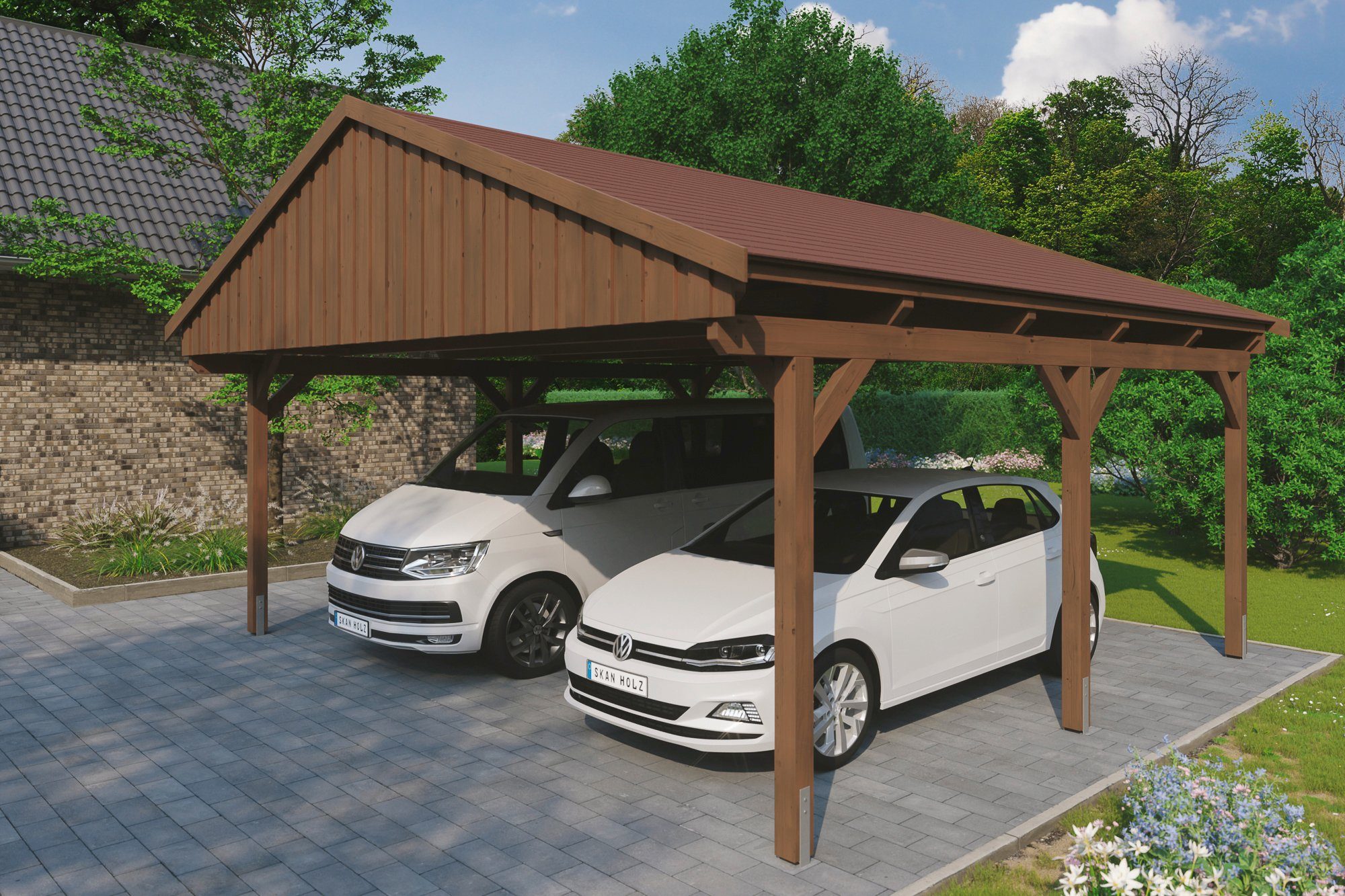 Skanholz Doppelcarport Fichtelberg, BxT: 574 roten mit Einfahrtshöhe, cm, 618x566 Schindeln cm