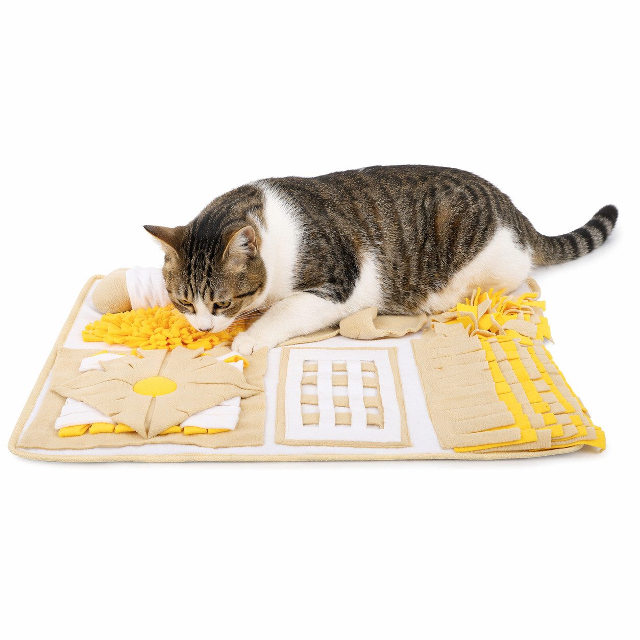 lionto Tier-Beschäftigungsspielzeug für Katzen, Futterspielmatte 70x60 cm, gelb/braun, Polyester, mit Anti-Rutsch-Unterseite, zur geistigen Förderung & Stressreduktion