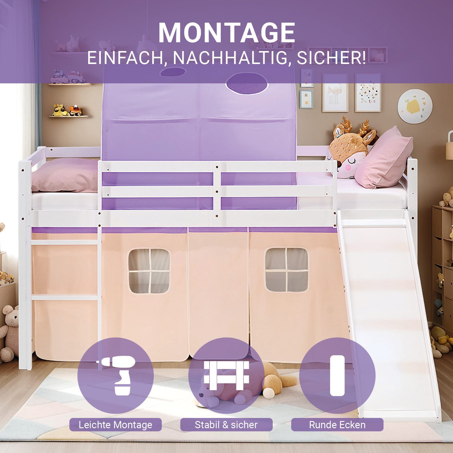 Homestyle4u Hochbett Kinderbett 90x200 Spielbett Holz Kiefer Mädchen Weiß Lila Vorhang (Set, mit Lattenrost, Rutsche und Tunnel) mit Rausfallschutz, Mädchen Spielbett