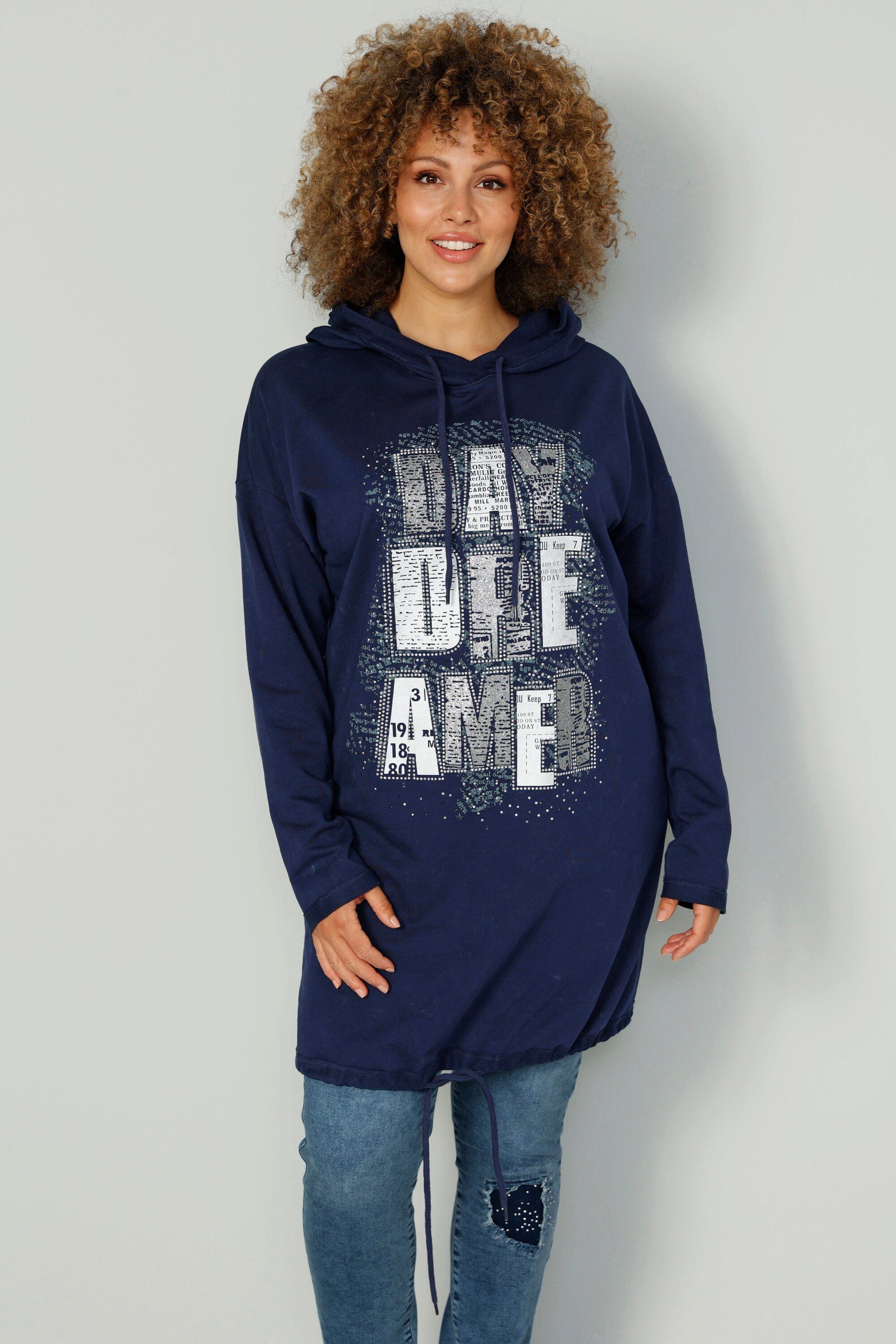 MIAMODA Sweatshirt Long-Hoodie Schriftdruck Kapuze Bindeband günstig online kaufen