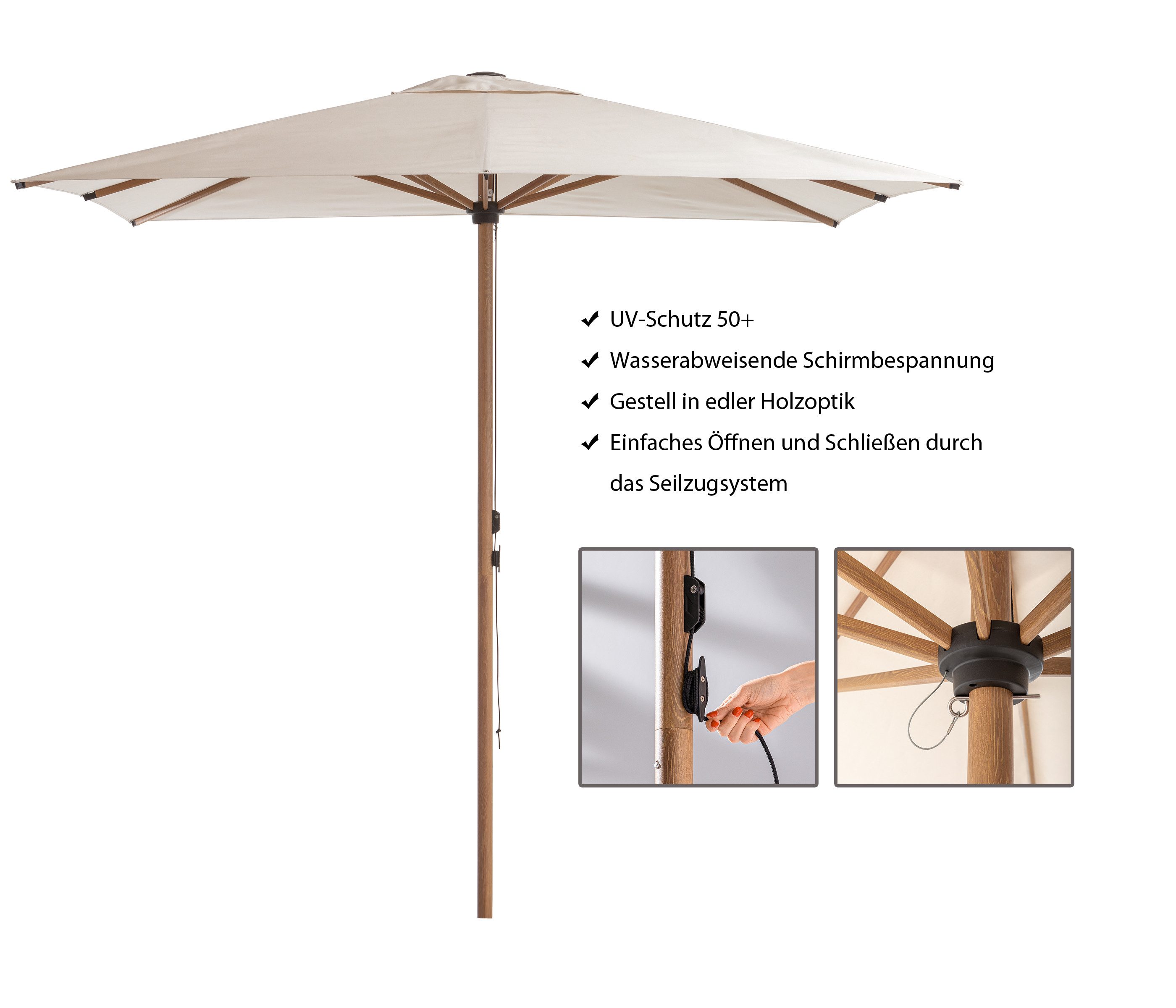 Dehner Sonnenschirm Santorini mit Seilzugsystem, Ø 250 cm, Höhe 235 cm, beige / braun, langlebig, pulverbeschichtetes Aluminium in moderner Holzoptik